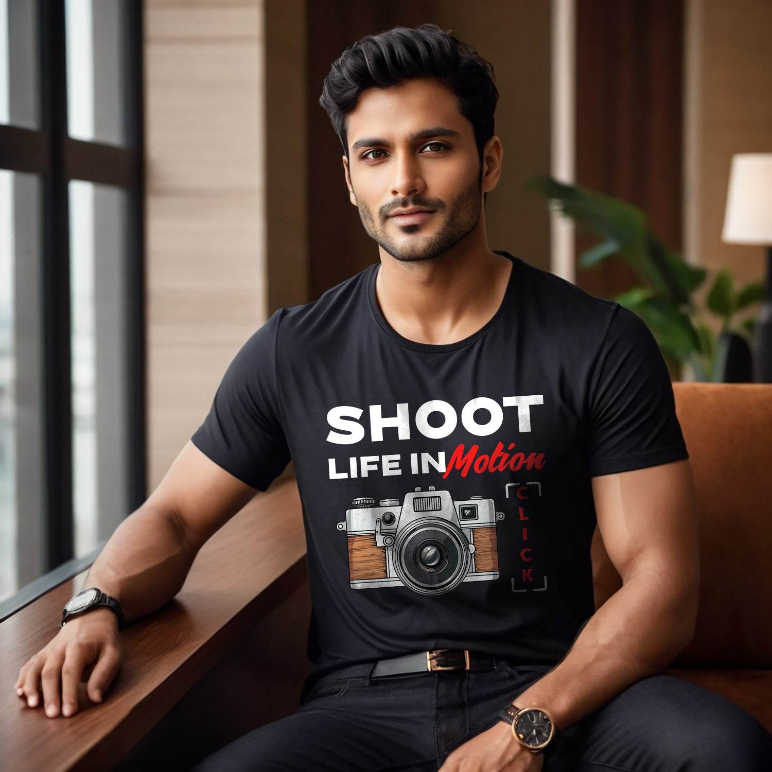 Shoot Life In Motion Click - Unisex Round Neck Regular Fit 100% Combed Cotton Half Sleeve T-Shirt - Mojilo Mart