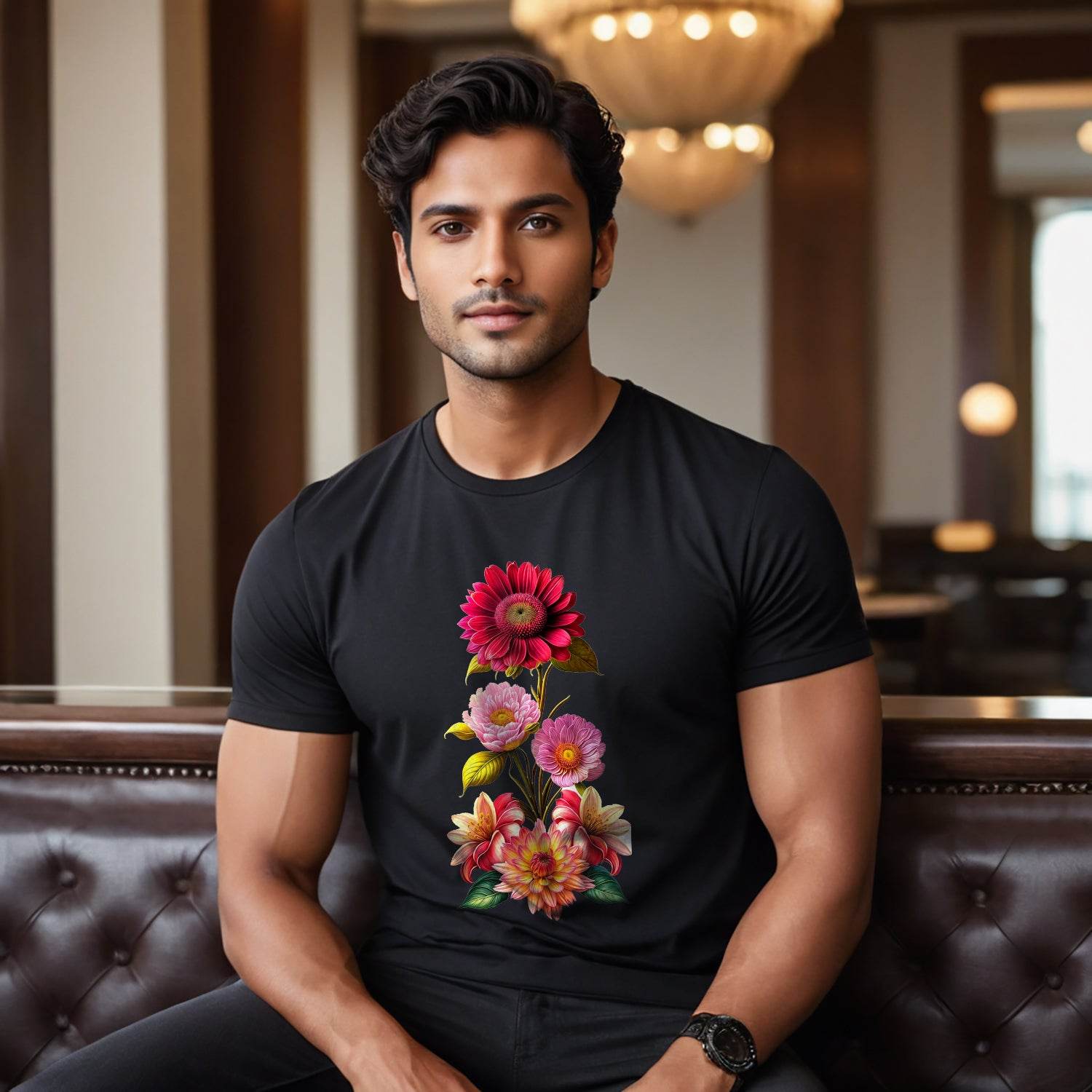 HIPPY FLOWER ARRANGEMENT SUNFLOWERS - Unisex Round Neck Regular Fit 100% Combed Cotton Half Sleeve T-Shirt - Mojilo Mart