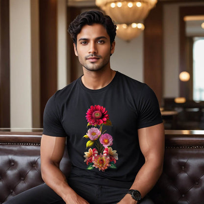 HIPPY FLOWER ARRANGEMENT SUNFLOWERS - Unisex Round Neck Regular Fit 100% Combed Cotton Half Sleeve T-Shirt - Mojilo Mart