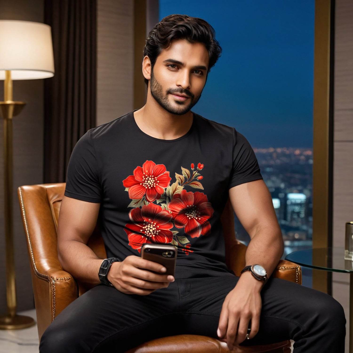 Bold Floral Print - Unisex Round Neck Regular Fit 100% Combed Cotton Half Sleeve T-Shirt - Mojilo Mart