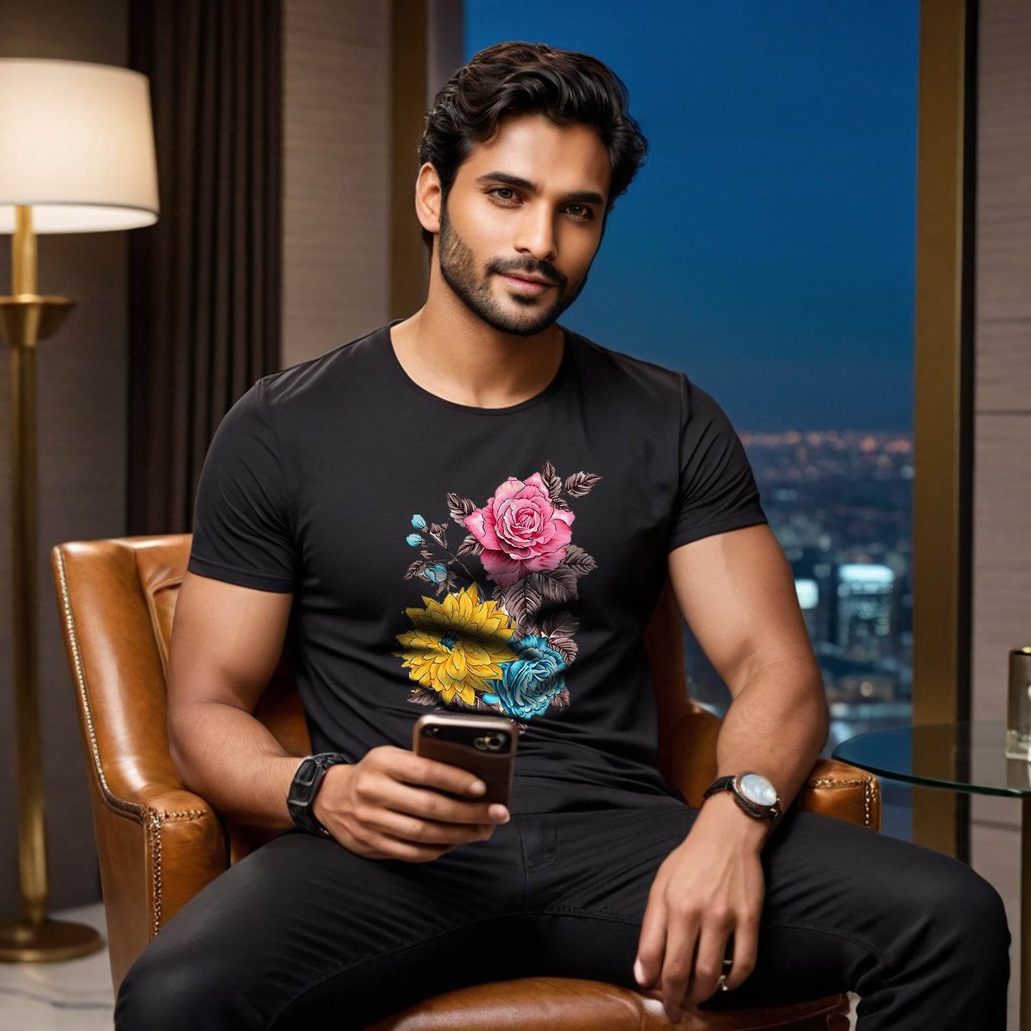 Flowers and Yellow Flower - Unisex Round Neck Regular Fit 100% Combed Cotton Half Sleeve T-Shirt - Mojilo Mart