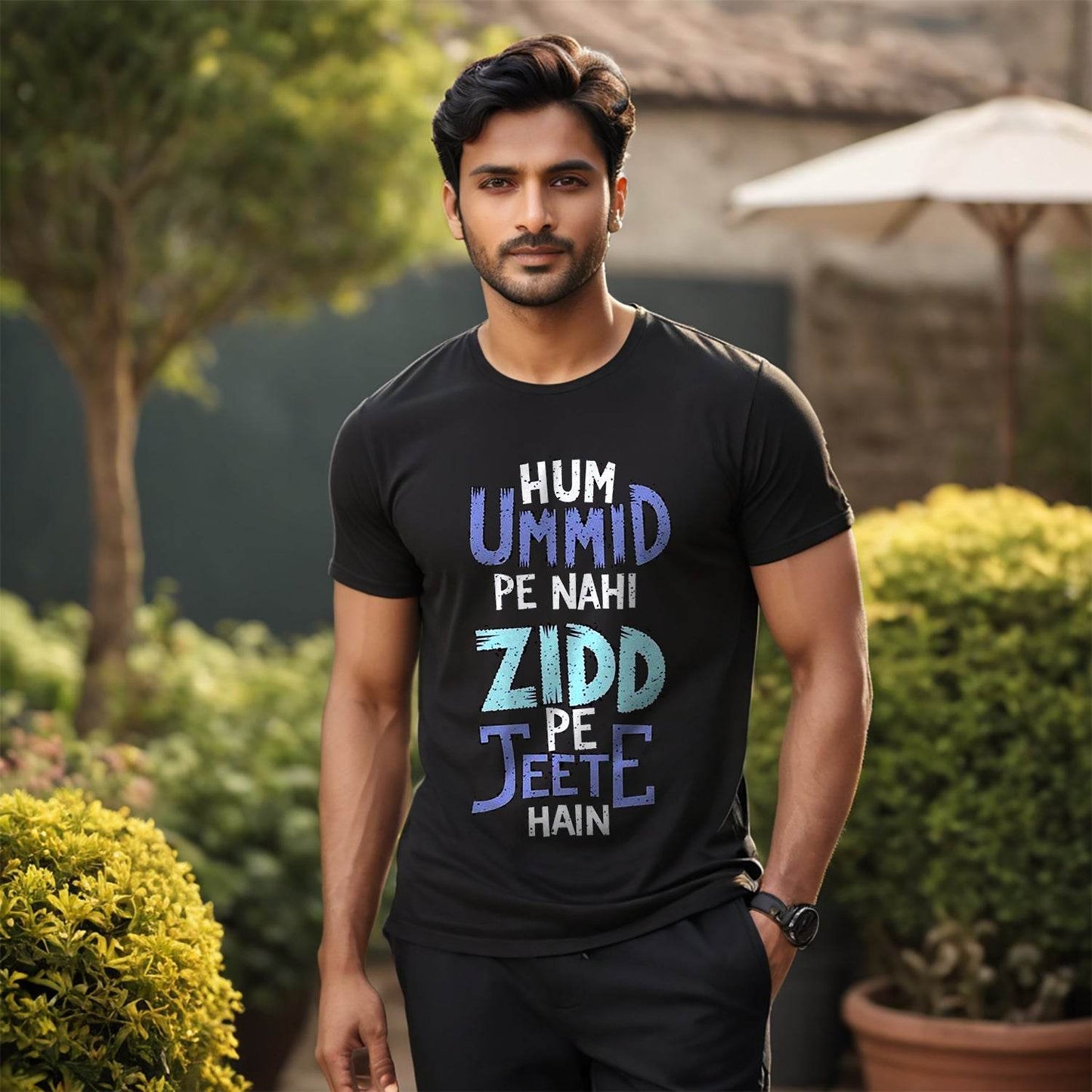 Hum Ummid Pe Nahi Zidd Pe Jeete Hai - Unisex Round Neck Regular Fit 100% Combed Cotton Half Sleeve T-Shirt - Mojilo Mart
