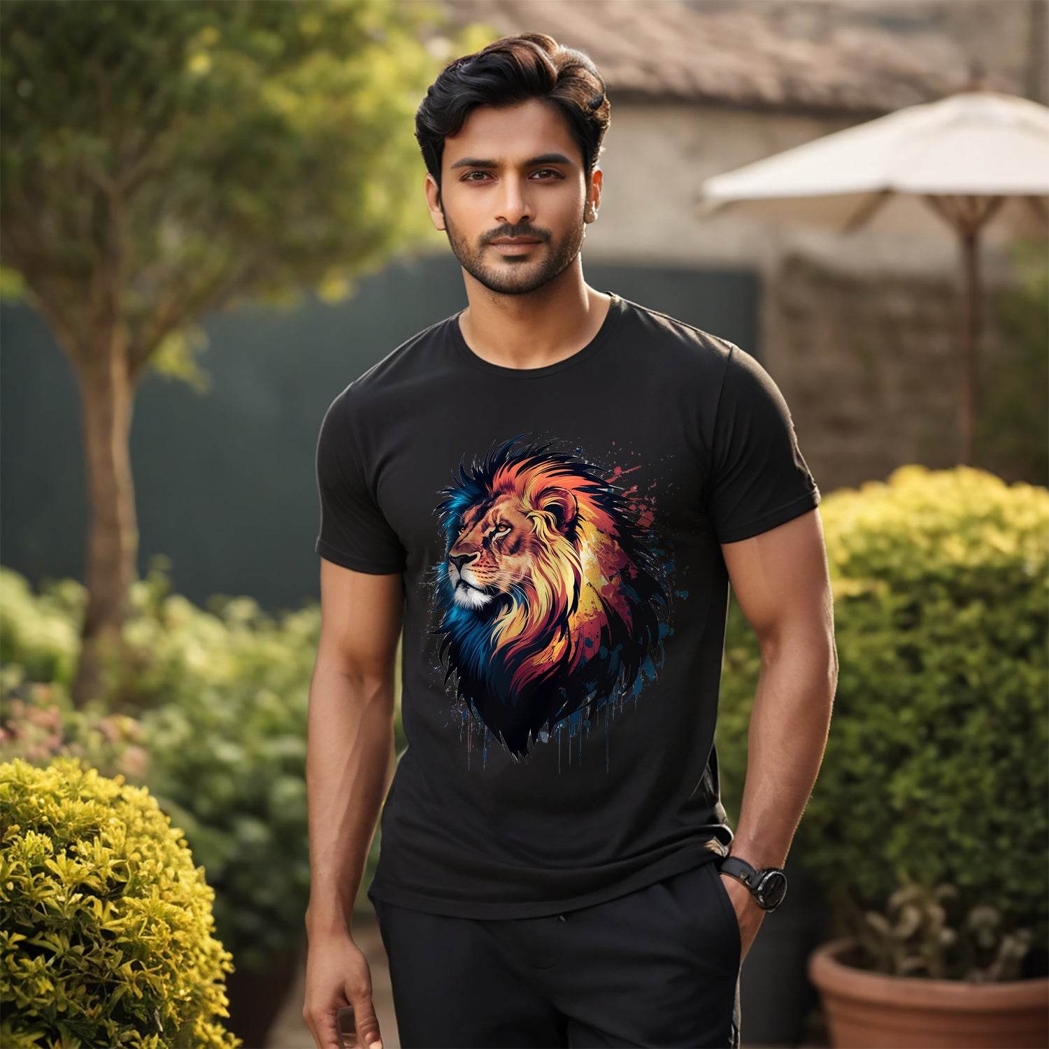 Colorful Lion Head Graphic - Unisex Round Neck Regular Fit 100% Combed Cotton Half Sleeve T-Shirt - Mojilo Mart