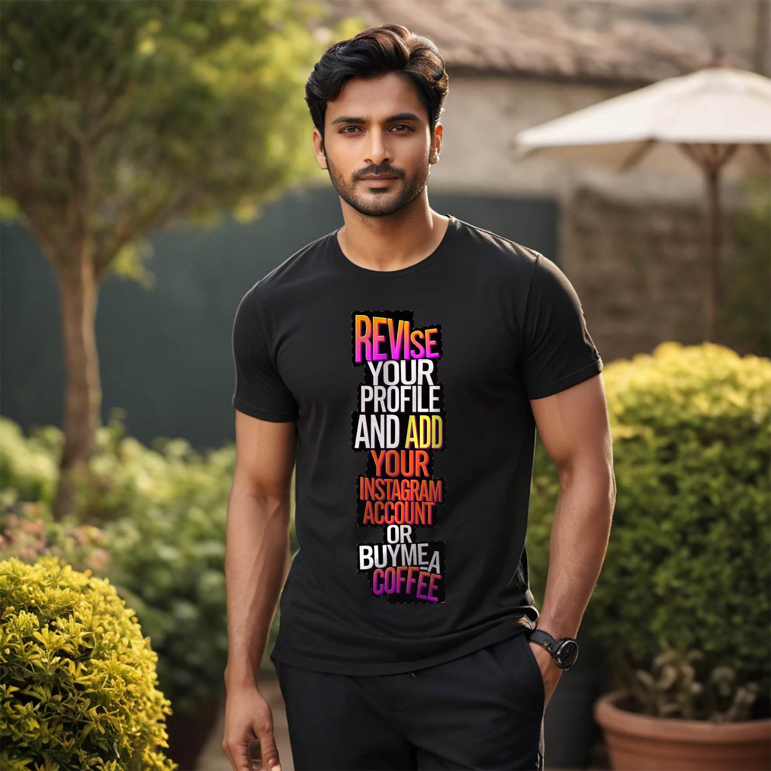 Revise Your Profile And Add Your Instagram Account or Buyme A Coffee - Unisex Round Neck Regular Fit 100% Combed Cotton Half Sleeve T-Shirt - Mojilo Mart