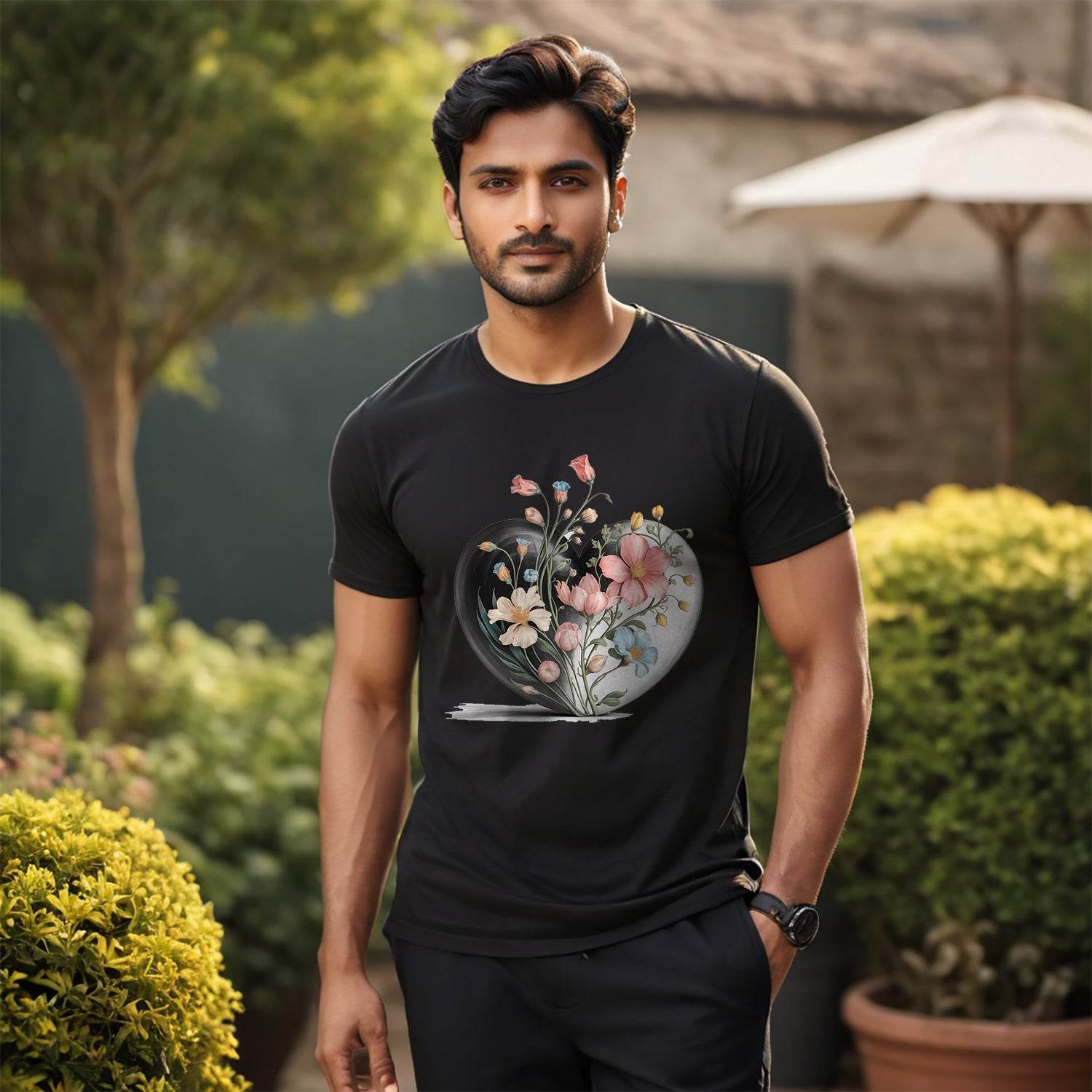 Love Flower Heart - Unisex Round Neck Regular Fit 100% Combed Cotton Half Sleeve T-Shirt - Mojilo Mart