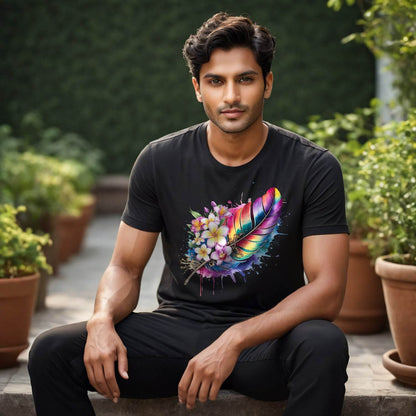 Colorful Feathers - Unisex Round Neck Regular Fit 100% Combed Cotton Half Sleeve T-Shirt - Mojilo Mart