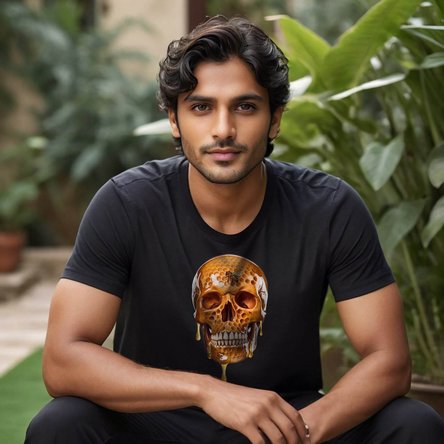 Bee Life Skull Honeycomb Haven Bumblebee Bees Lover - Unisex Round Neck Regular Fit 100% Combed Cotton Half Sleeve T-Shirt - Mojilo Mart