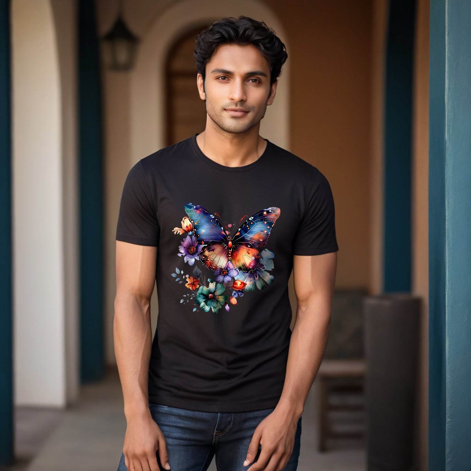 Butterfly Flowers - Unisex Round Neck Regular Fit 100% Combed Cotton Half Sleeve T-Shirt - Mojilo Mart