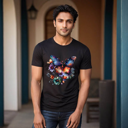 Butterfly Flowers - Unisex Round Neck Regular Fit 100% Combed Cotton Half Sleeve T-Shirt - Mojilo Mart