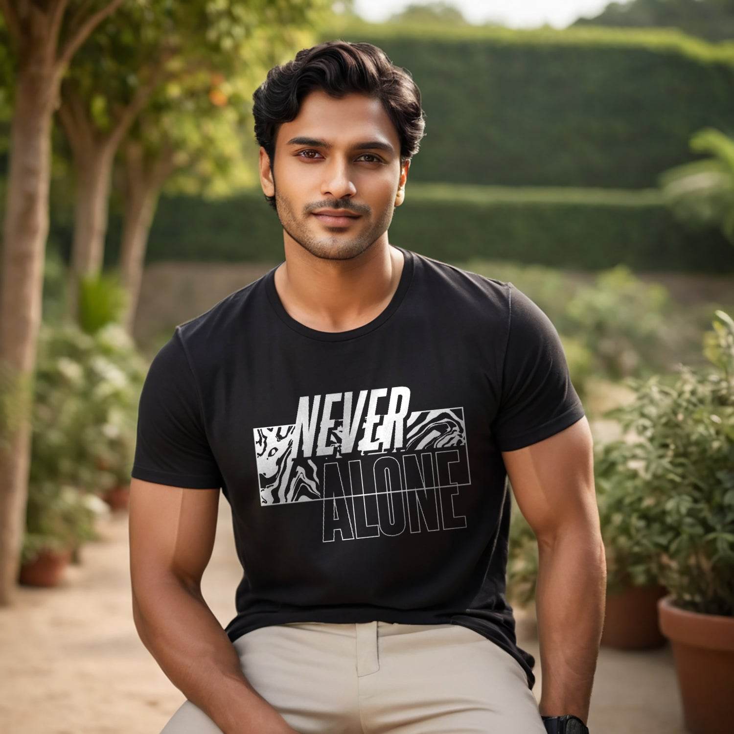 NEVER ALONE - Unisex Round Neck Regular Fit 100% Combed Cotton Half Sleeve T-Shirt - Mojilo Mart