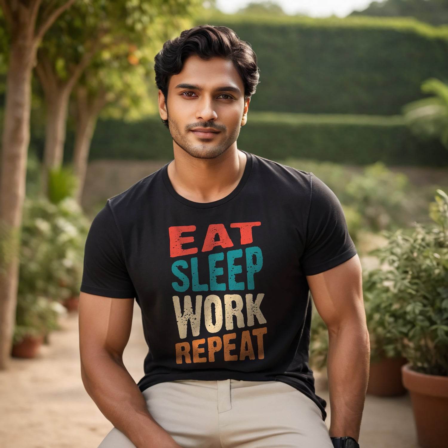 EAT SLEEP WORK REPEAT - Unisex Round Neck Regular Fit 100% Combed Cotton Half Sleeve T-Shirt - Mojilo Mart