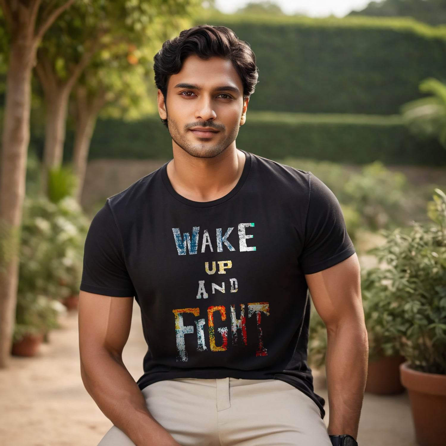 WAKE UP AND FIGHT - Unisex Round Neck Regular Fit 100% Combed Cotton Half Sleeve T-Shirt - Mojilo Mart
