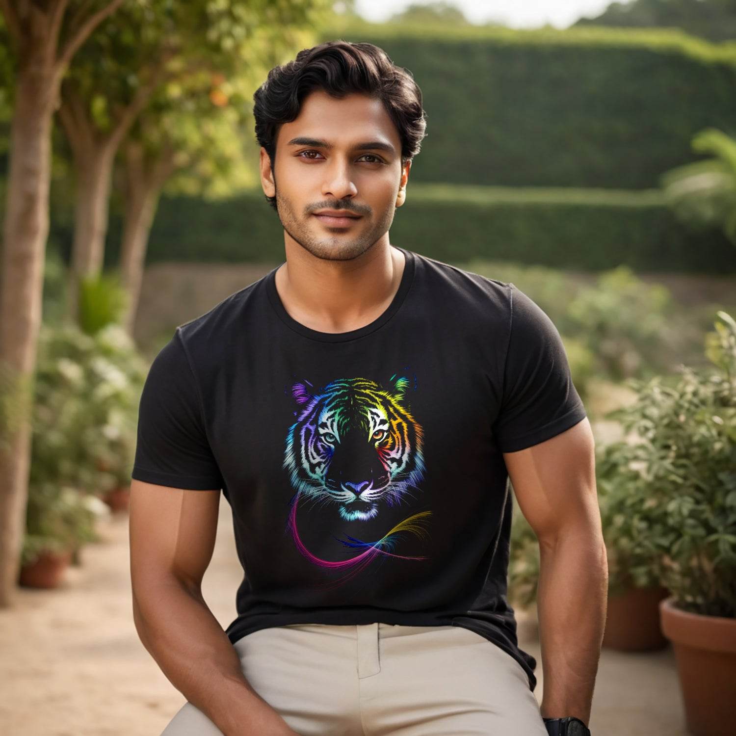 Tiger in neon colors - Unisex Round Neck Regular Fit 100% Combed Cotton Half Sleeve T-Shirt - Mojilo Mart