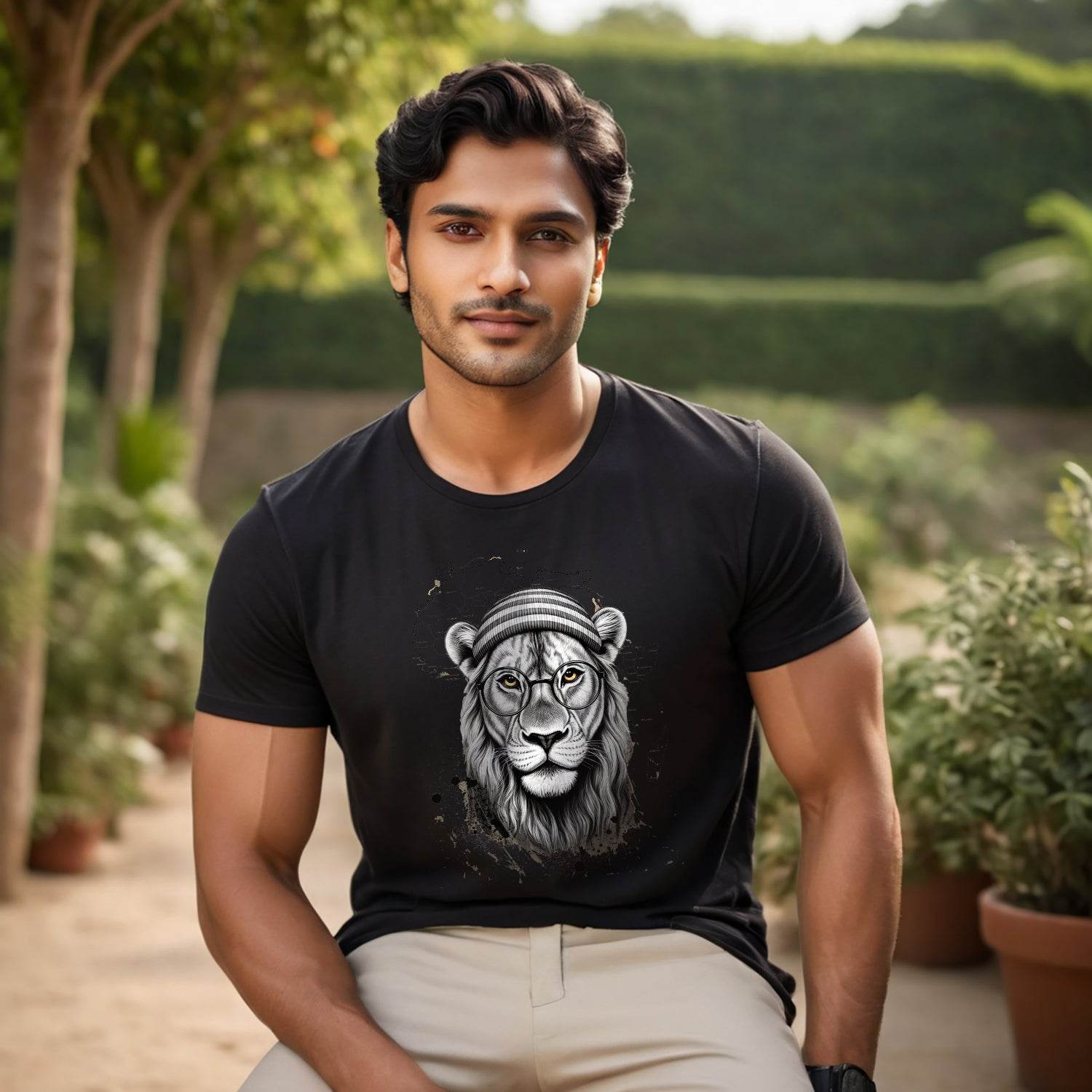 The Head Of A Lion With Glasses Drawn - Unisex Round Neck Regular Fit 100% Combed Cotton Half Sleeve T-Shirt - Mojilo Mart