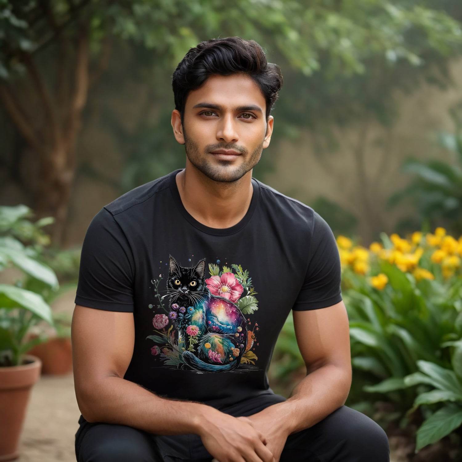 Black Cat Sitting On Top Of A Rainbow Colored Flower - Unisex Round Neck Regular Fit 100% Combed Cotton Half Sleeve T-Shirt - Mojilo Mart