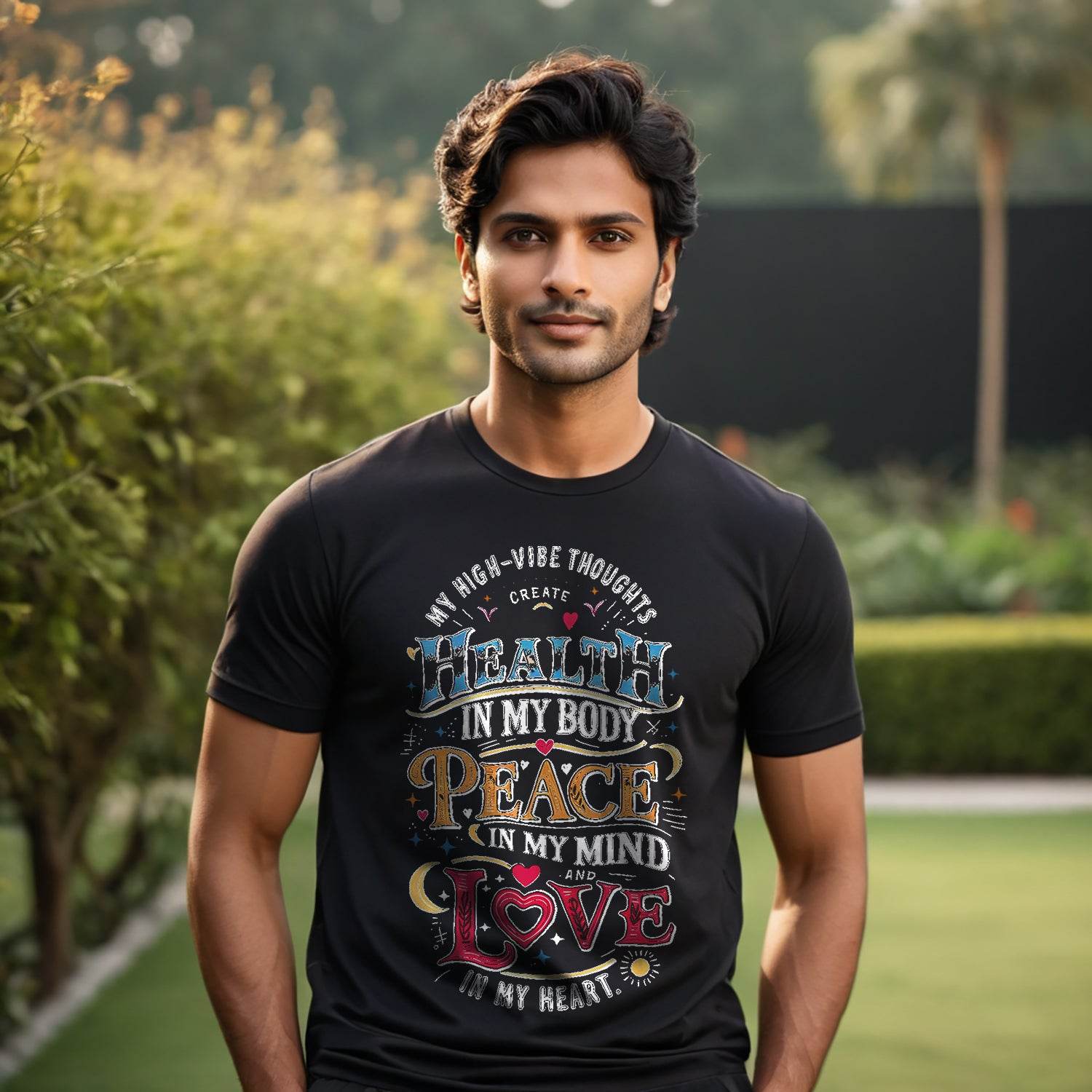 My High-Vibe Thoughts Create Health In My Body, Peace In My Mind, And Love In My Heart - Unisex Round Neck Regular Fit 100% Combed Cotton Half Sleeve T-Shirt - Mojilo Mart