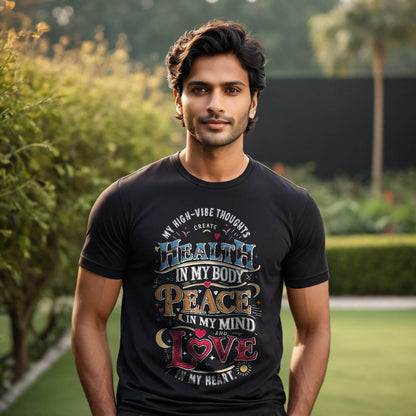 My High-Vibe Thoughts Create Health In My Body, Peace In My Mind, And Love In My Heart - Unisex Round Neck Regular Fit 100% Combed Cotton Half Sleeve T-Shirt - Mojilo Mart