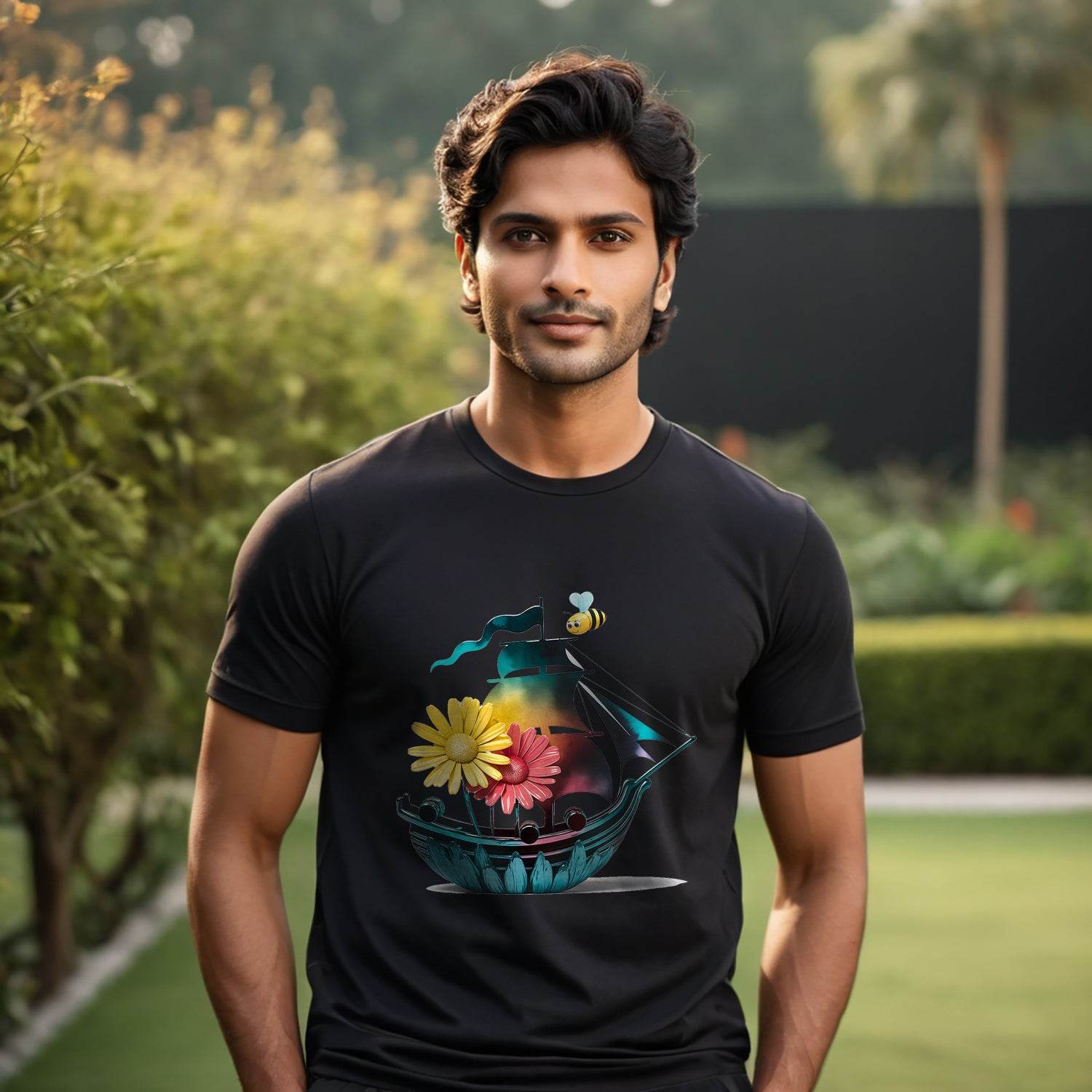 Pirate Ship Flower - Unisex Round Neck Regular Fit 100% Combed Cotton Half Sleeve T-Shirt (Copy) - Mojilo Mart