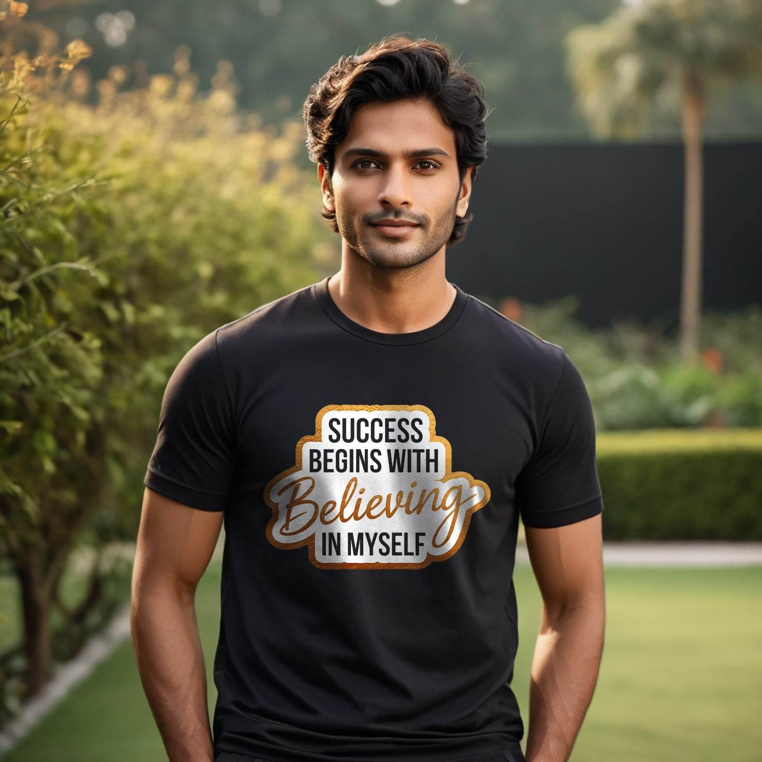 SUCCESS BEGINS WITH BELIEVING IN MY SELF - Unisex Round Neck Regular Fit 100% Combed Cotton Half Sleeve T-Shirt - Mojilo Mart