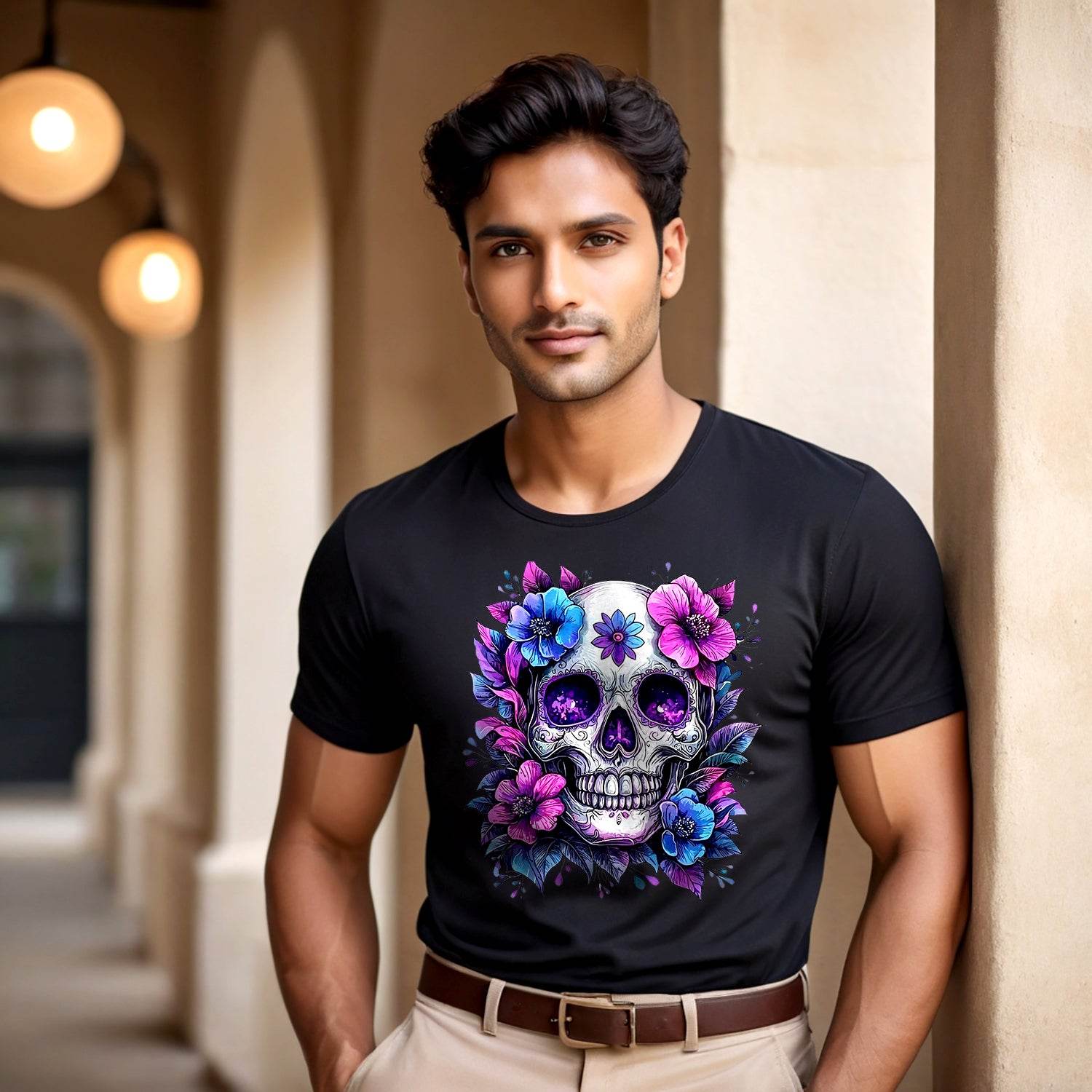 Flower Skull - Unisex Round Neck Regular Fit 100% Combed Cotton Half Sleeve T-Shirt - Mojilo Mart