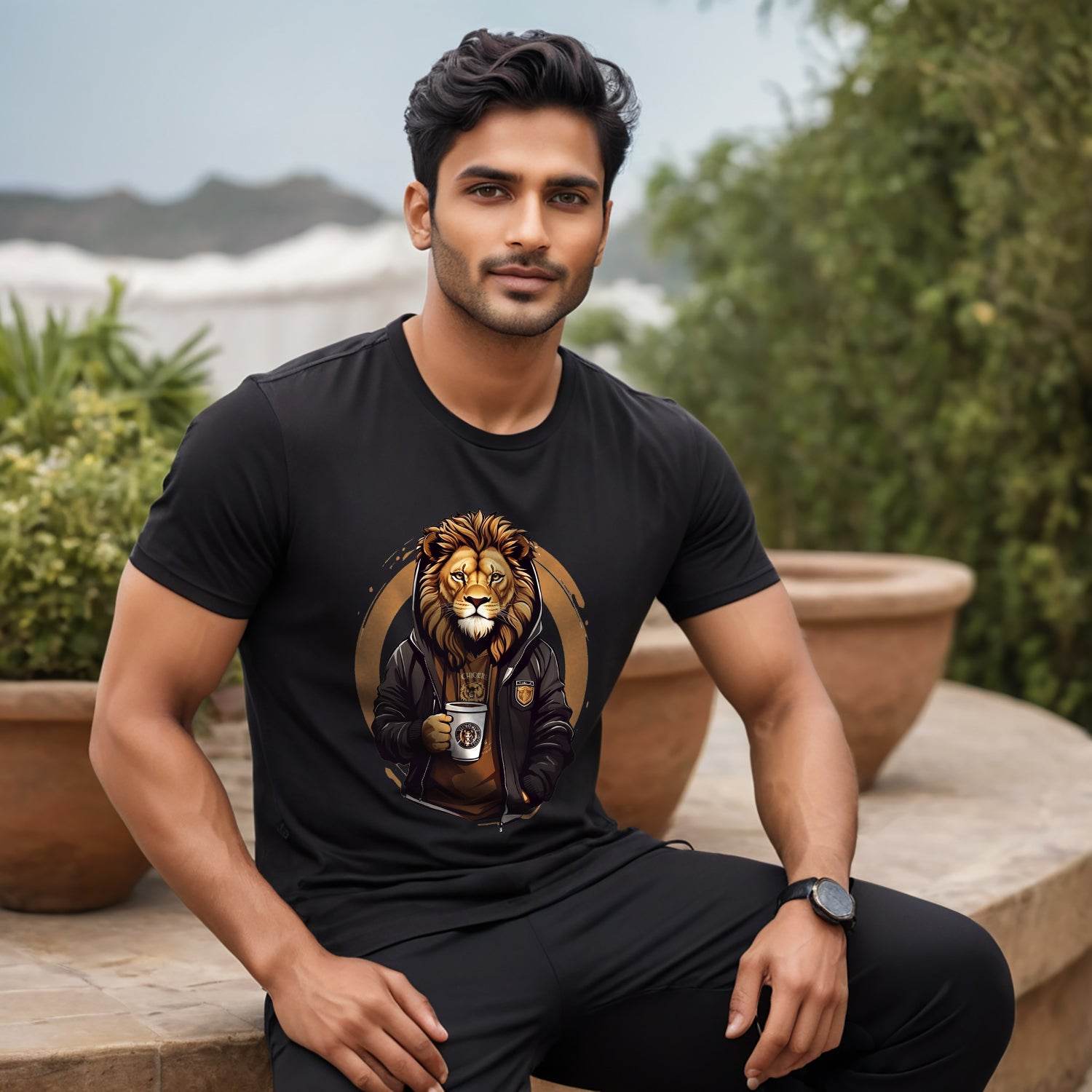 LION COFFEE - Unisex Round Neck Regular Fit 100% Combed Cotton Half Sleeve T-Shirt - Mojilo Mart