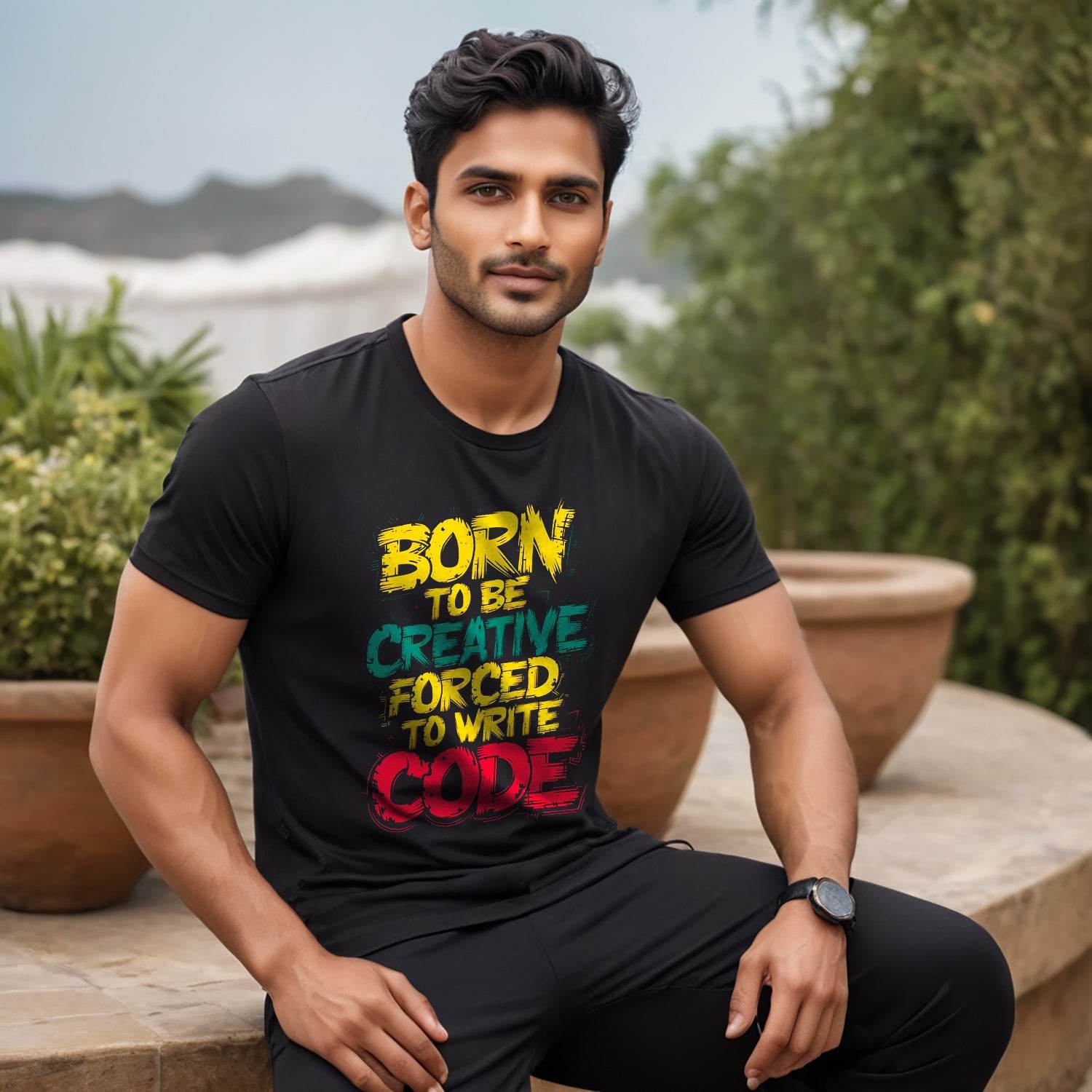 BORN TO BE CREATIVE FORCED TO WRITE CODE- Unisex Round Neck Regular Fit 100% Combed Cotton Half Sleeve T-Shirt - Mojilo Mart