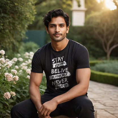 STAY STRONG BELIVE IN YOUR SELF NEVER GIVE UP - Unisex Round Neck Regular Fit 100% Combed Cotton Half Sleeve T-Shirt - Mojilo Mart