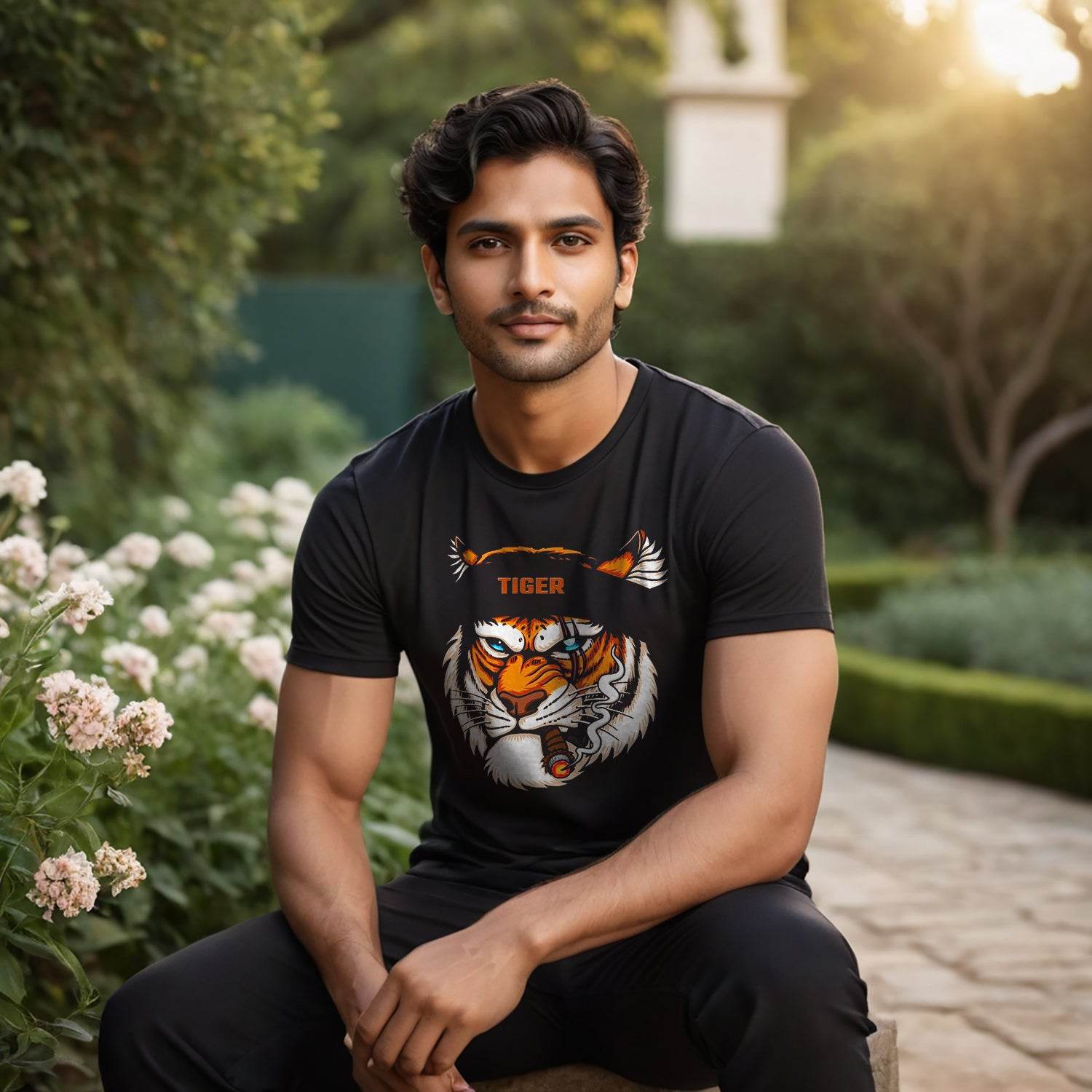 Tiger Head Wearing Bandana While Smoking - Unisex Round Neck Regular Fit 100% Combed Cotton Half Sleeve T-Shirt - Mojilo Mart