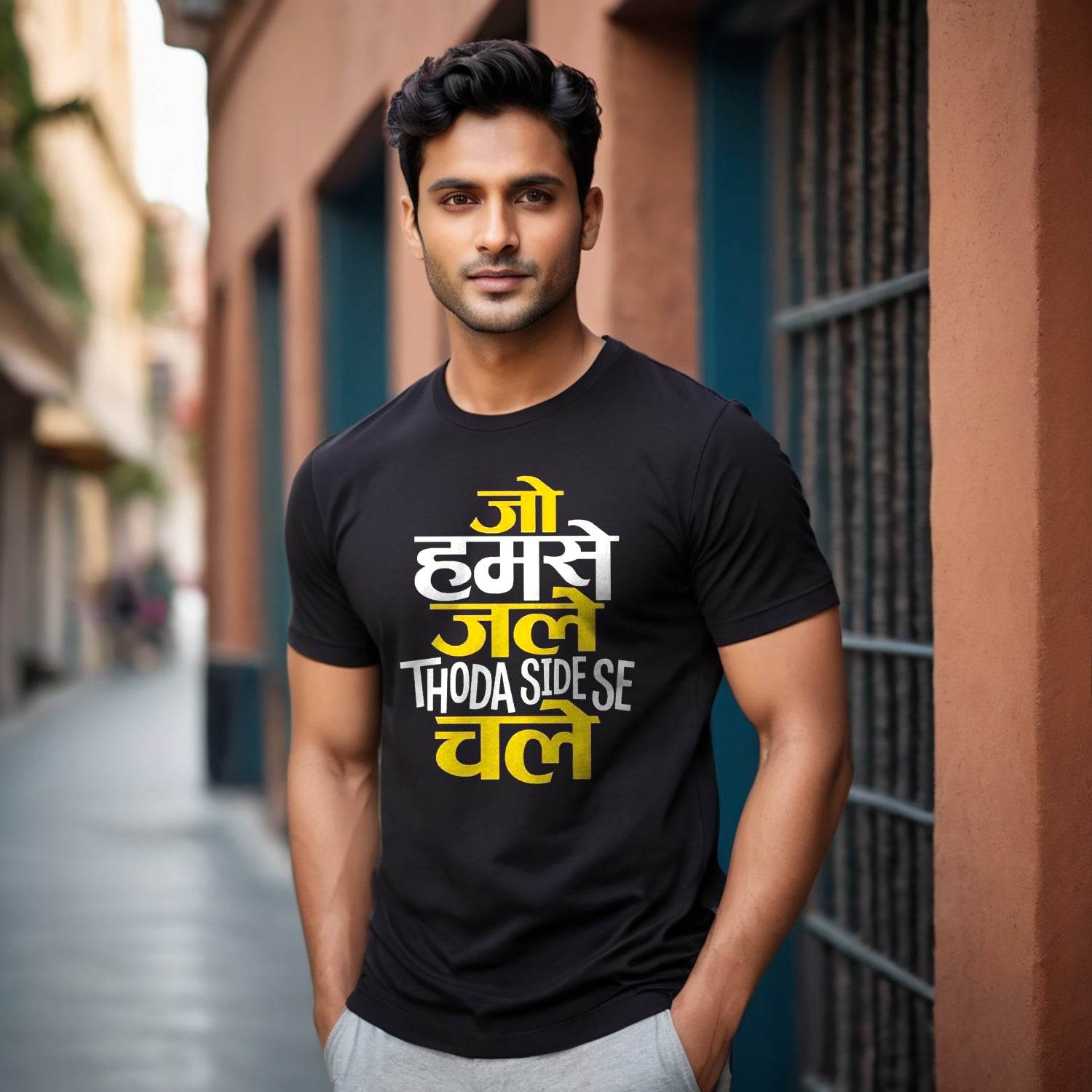 Jo Humse Jale Thoda Side Se Chale - Unisex Round Neck Regular Fit 100% Combed Cotton Half Sleeve T-Shirt - Mojilo Mart