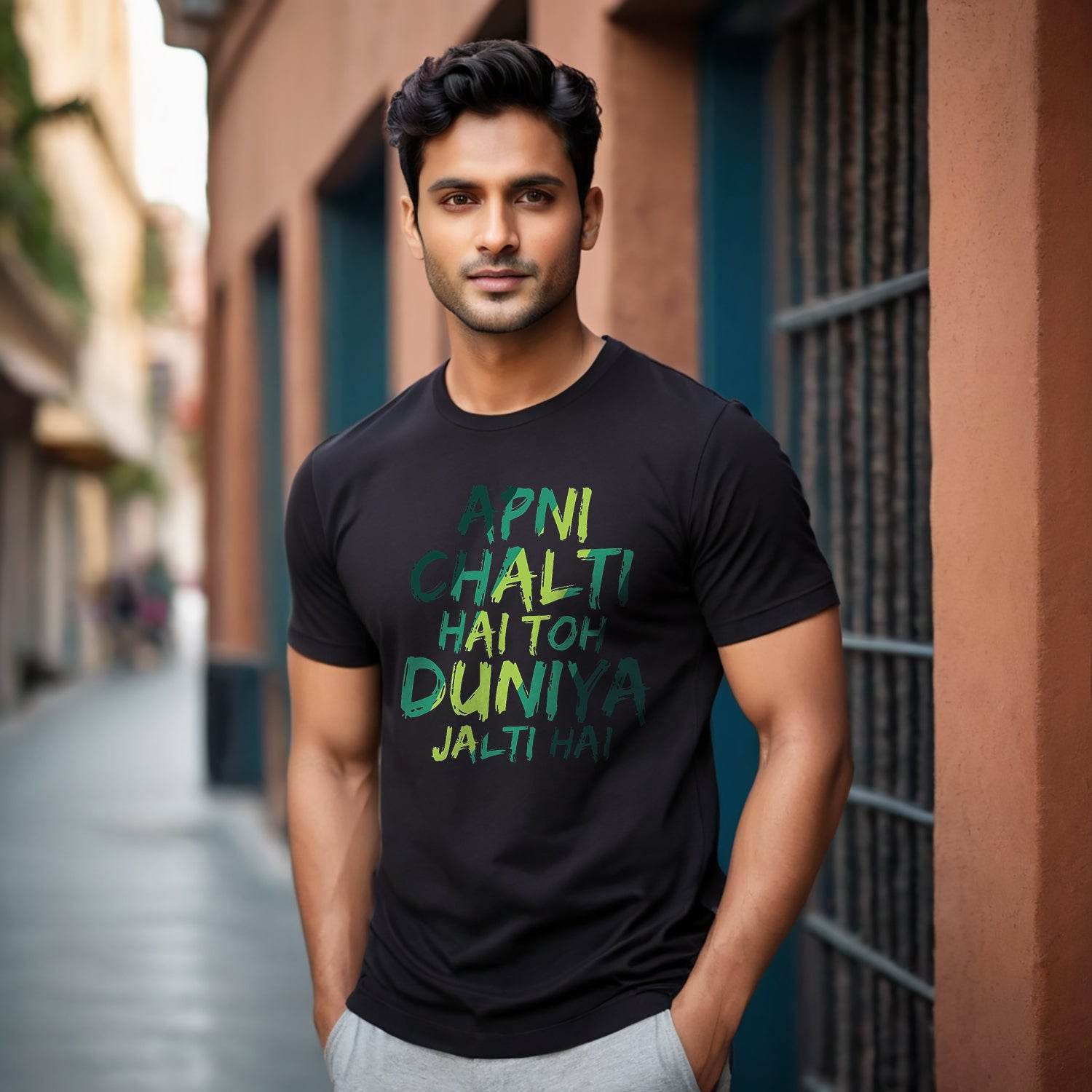APNI CHALTI HAI TOH DUNIYA JALTI HAI - Unisex Round Neck Regular Fit 100% Combed Cotton Half Sleeve T-Shirt - Mojilo Mart