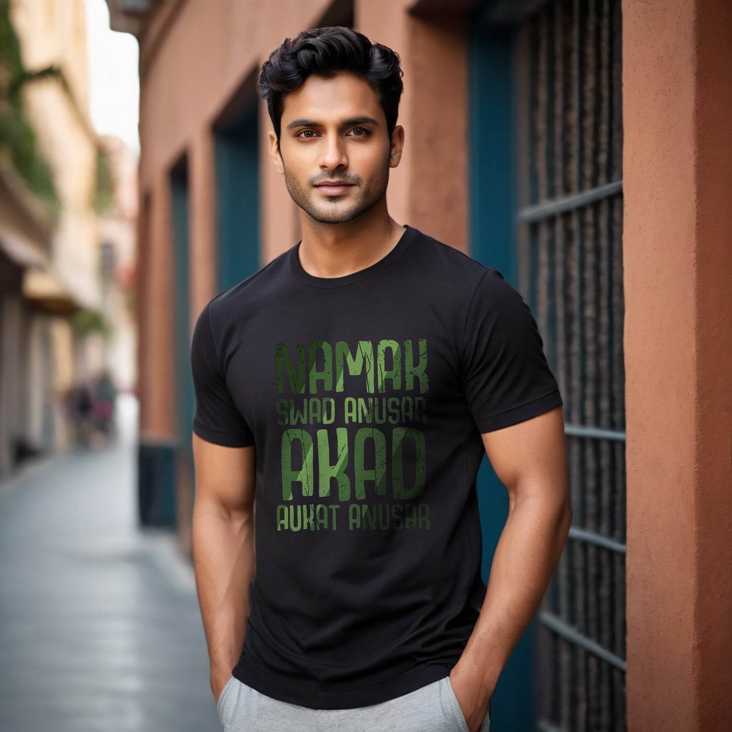 NAMAK SWAD ANUSAR AKAD AUKAT ANUSAR - Unisex Round Neck Regular Fit 100% Combed Cotton Half Sleeve T-Shirt - Mojilo Mart