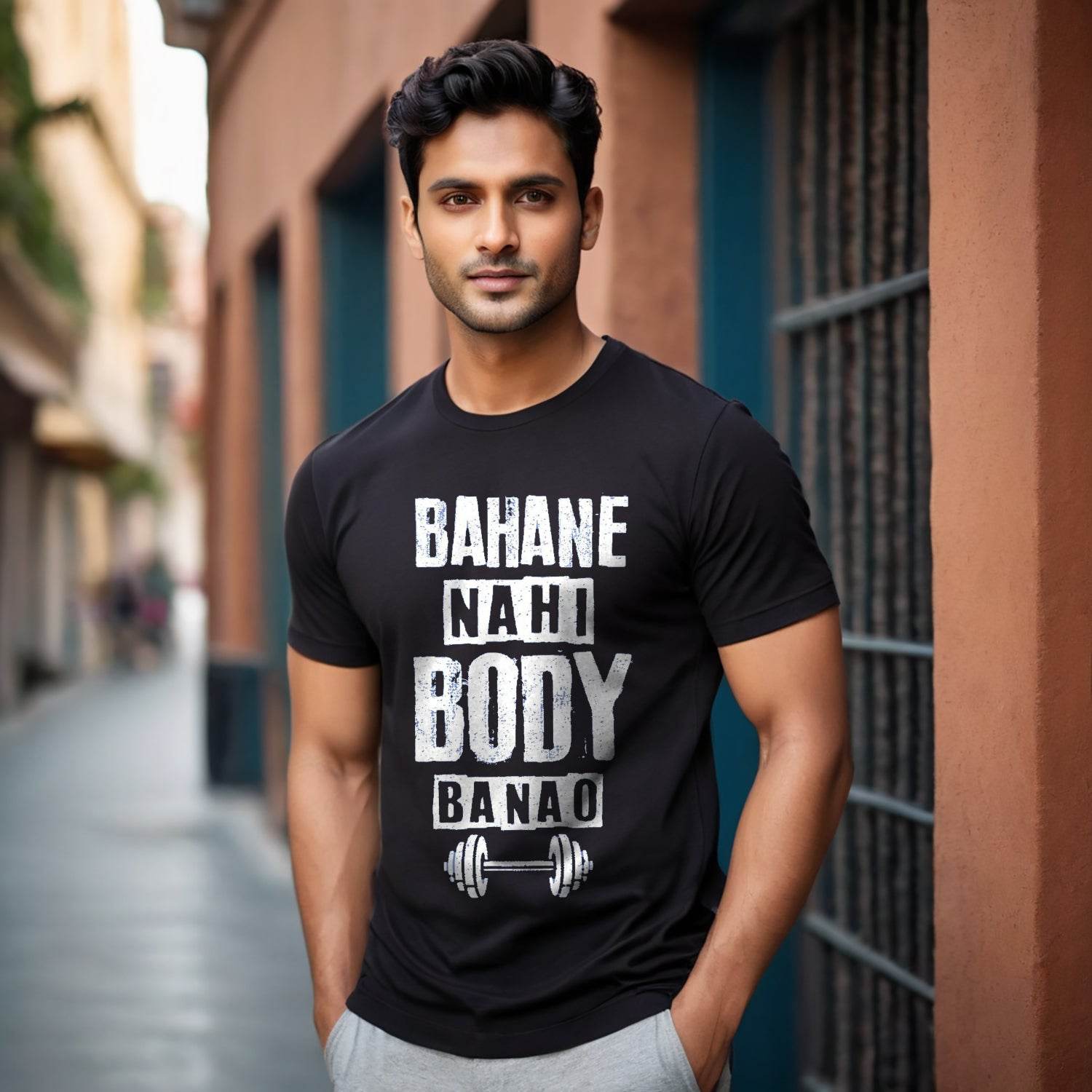 BAHANE NAHI BODY BANAO - Unisex Round Neck Regular Fit 100% Combed Cotton Half Sleeve T-Shirt - Mojilo Mart