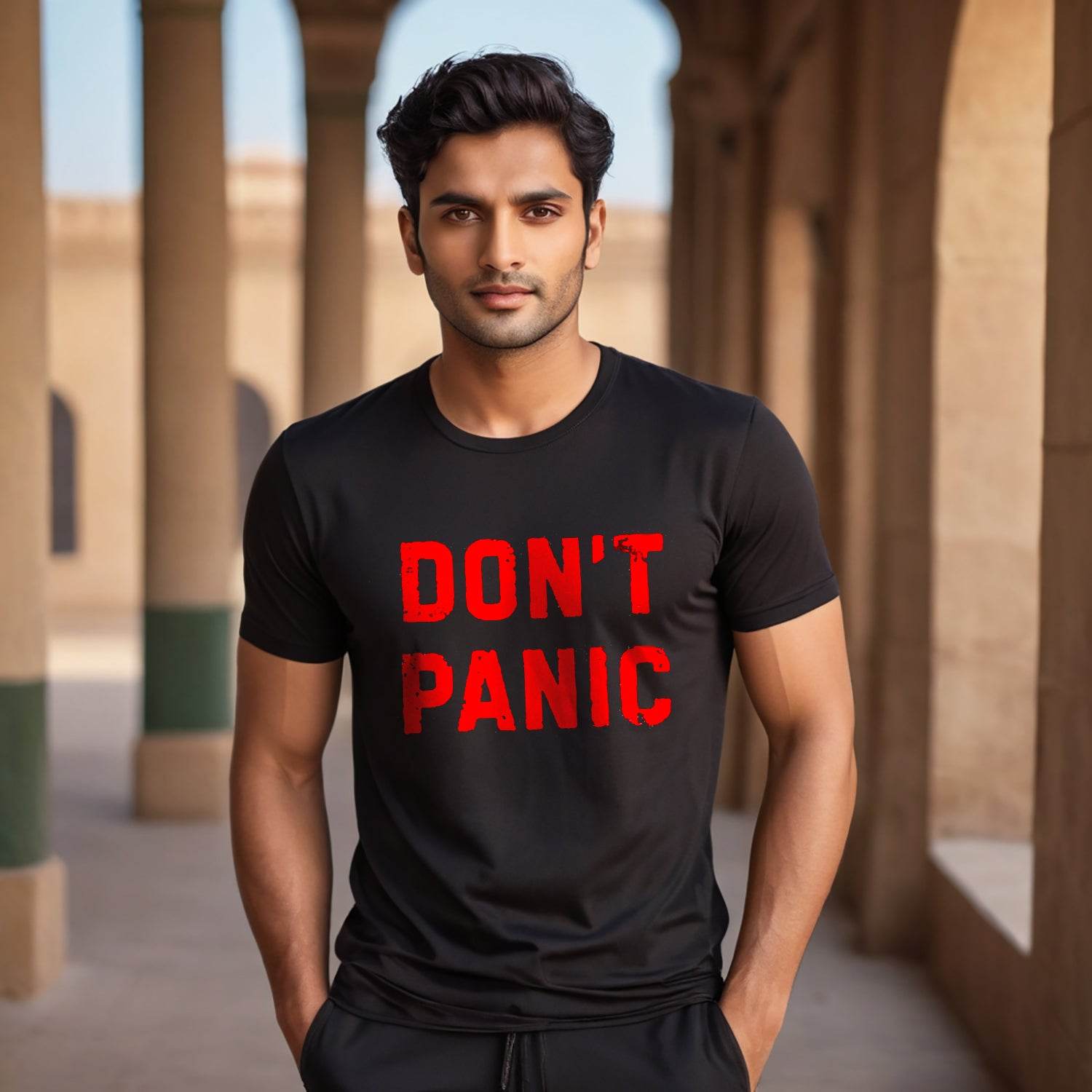 DON'T PANIC - Unisex Round Neck Regular Fit 100% Combed Cotton Half Sleeve T-Shirt - Mojilo Mart