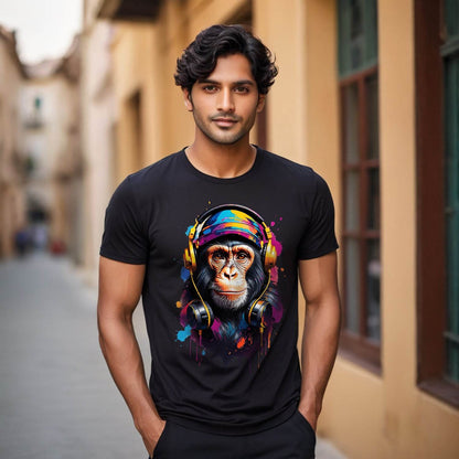 Monkey With Headphones - Unisex Round Neck Regular Fit 100% Combed Cotton Half Sleeve T-Shirt - Mojilo Mart