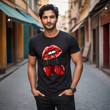 FAIRY TRENDZ Women's Cherry Lips - Unisex Round Neck Regular Fit 100% Combed Cotton Half Sleeve T-Shirt - Mojilo Mart