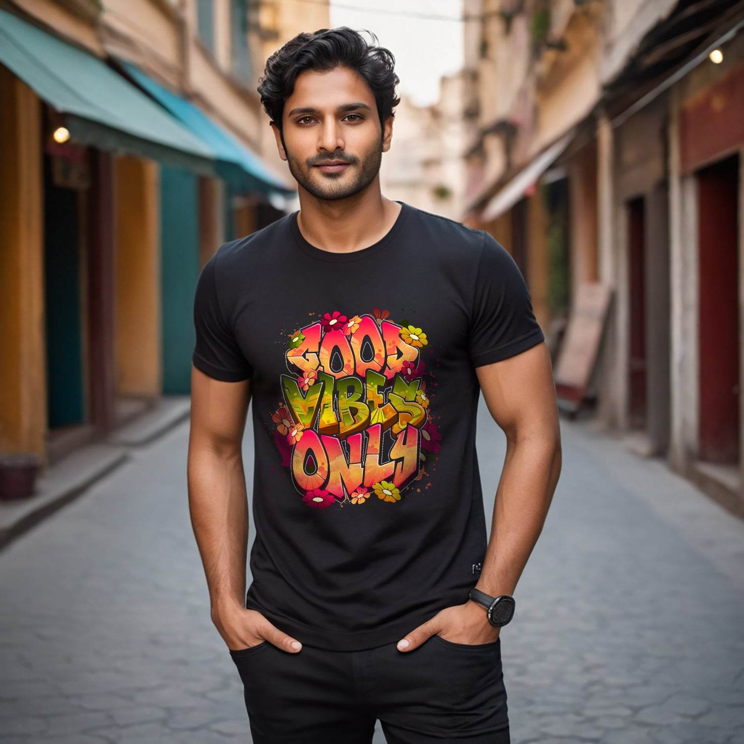 Good Vibes Only - Unisex Round Neck Regular Fit 100% Combed Cotton Half Sleeve T-Shirt - Mojilo Mart
