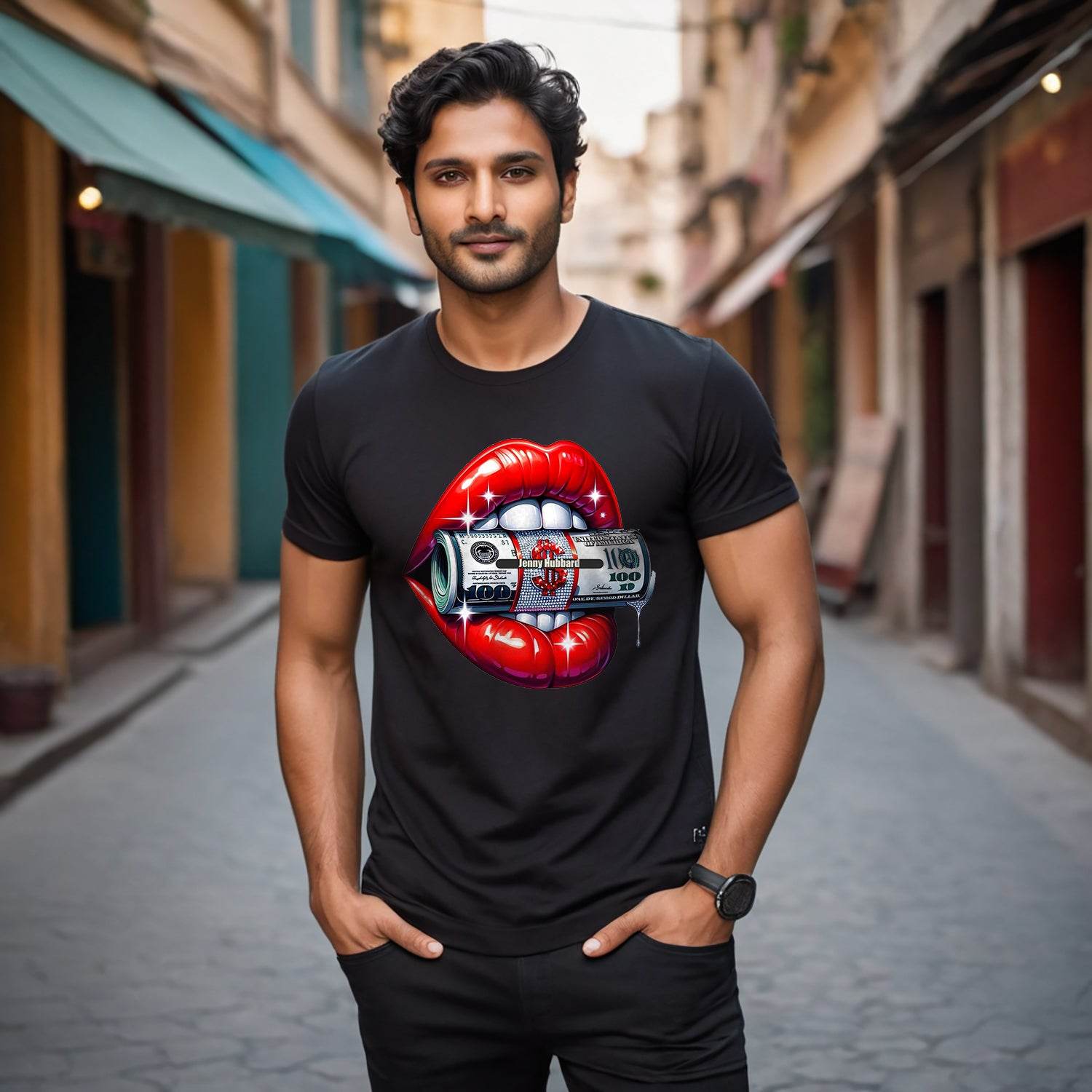 100 Dollar Bill Lips - Unisex Round Neck Regular Fit 100% Combed Cotton Half Sleeve T-Shirt - Mojilo Mart