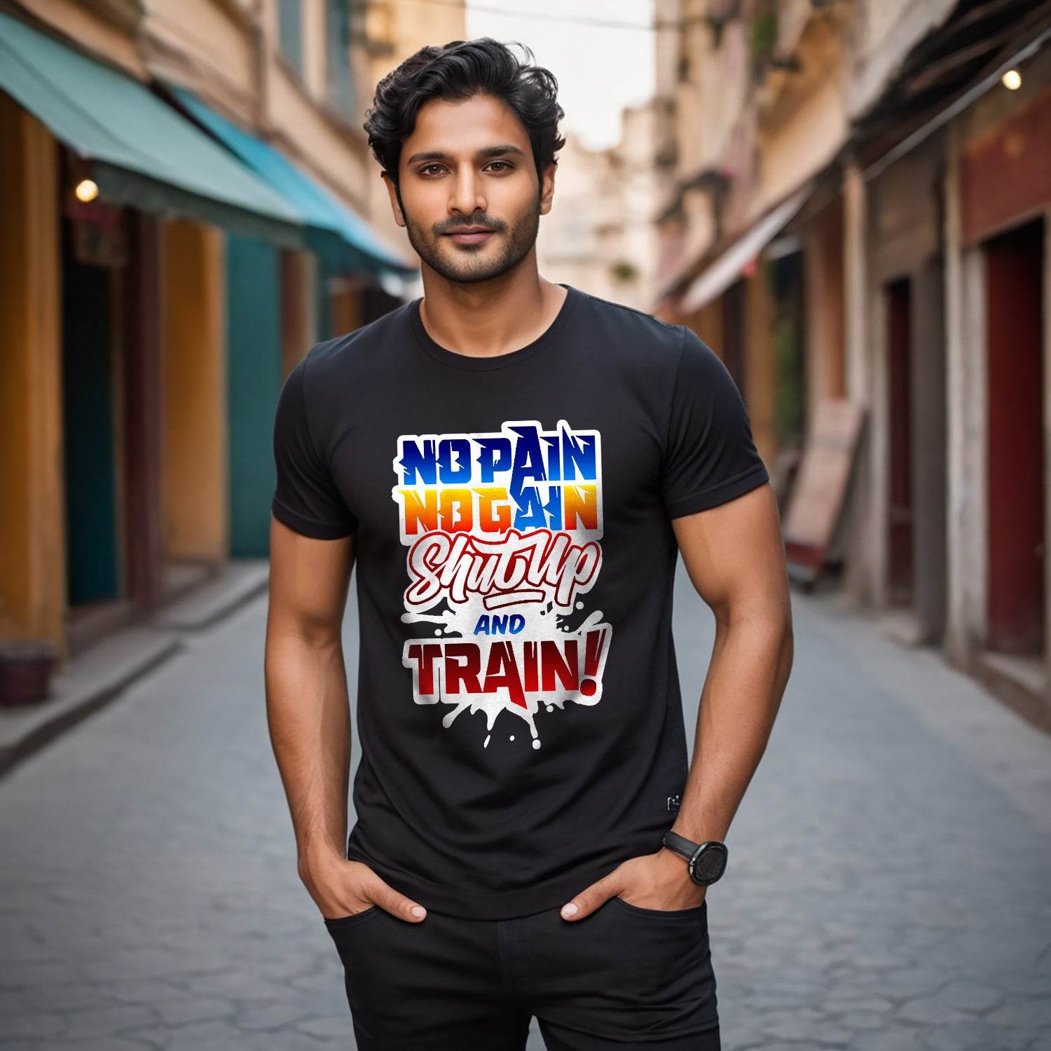 No Pain No Gain Shut Up And Train - Unisex Round Neck Regular Fit 100% Combed Cotton Half Sleeve T-Shirt - Mojilo Mart