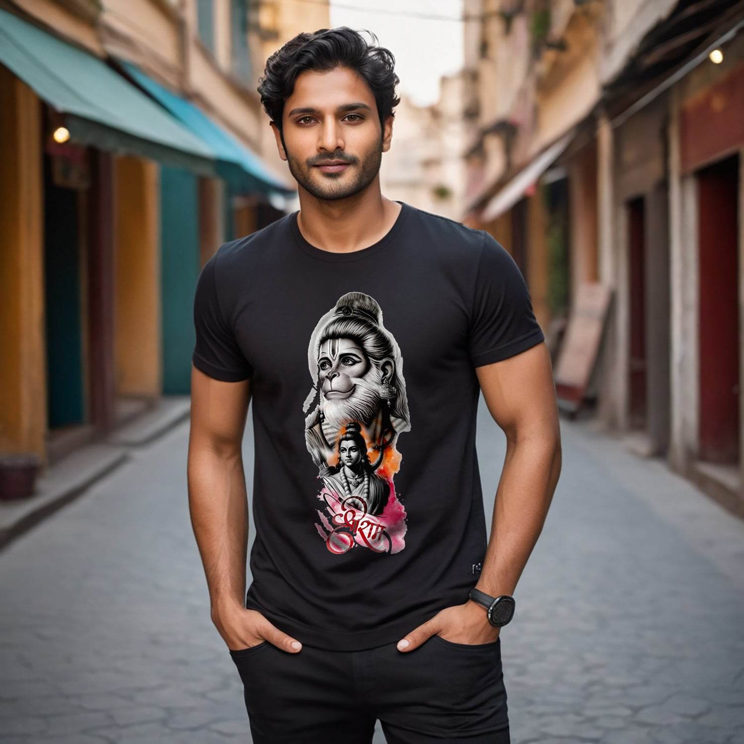 Shree Ram Hanuman Ji - Unisex Round Neck Regular Fit 100% Combed Cotton Half Sleeve T-Shirt - Mojilo Mart