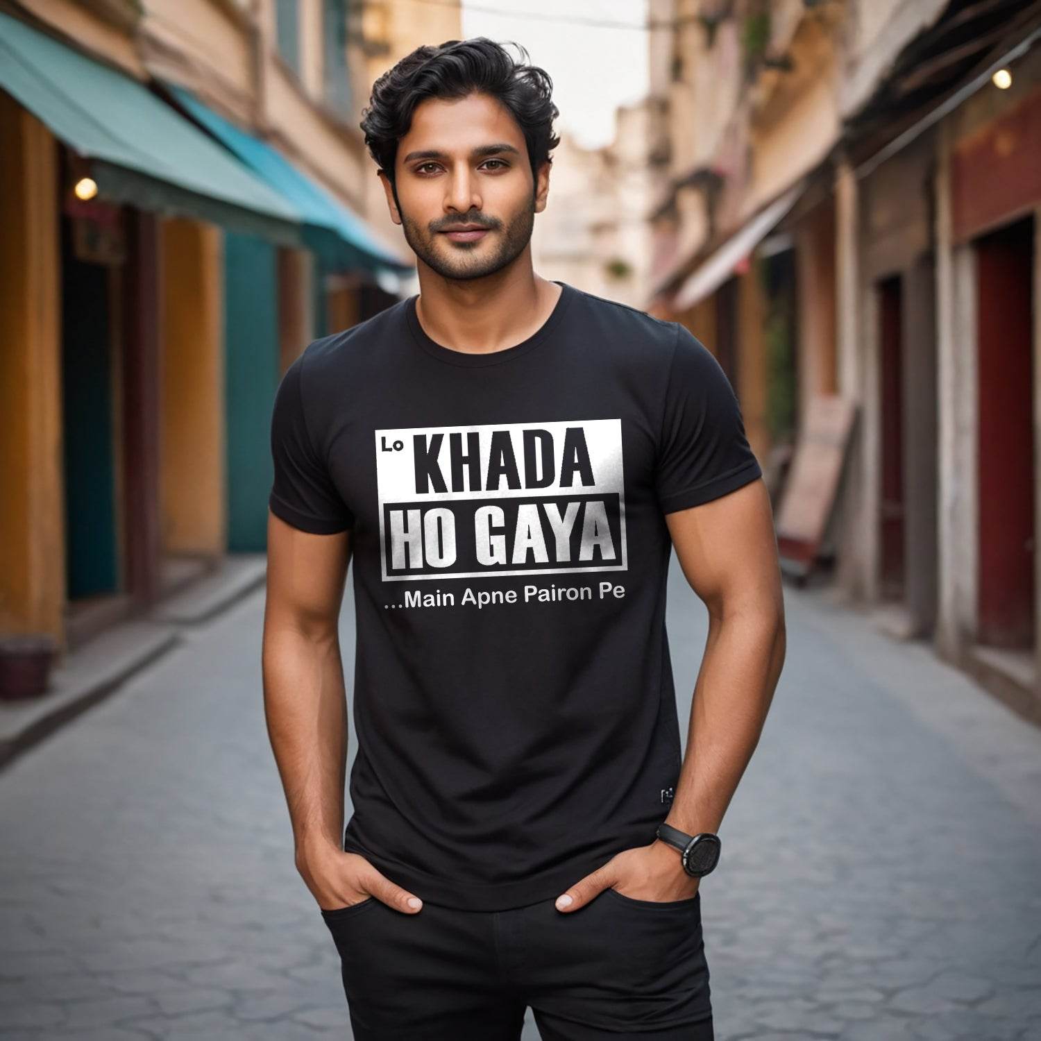 Lo KHADA HO GAYA Main Apne Pairon Pe - Unisex Round Neck Regular Fit 100% Combed Cotton Half Sleeve T-Shirt - Mojilo Mart