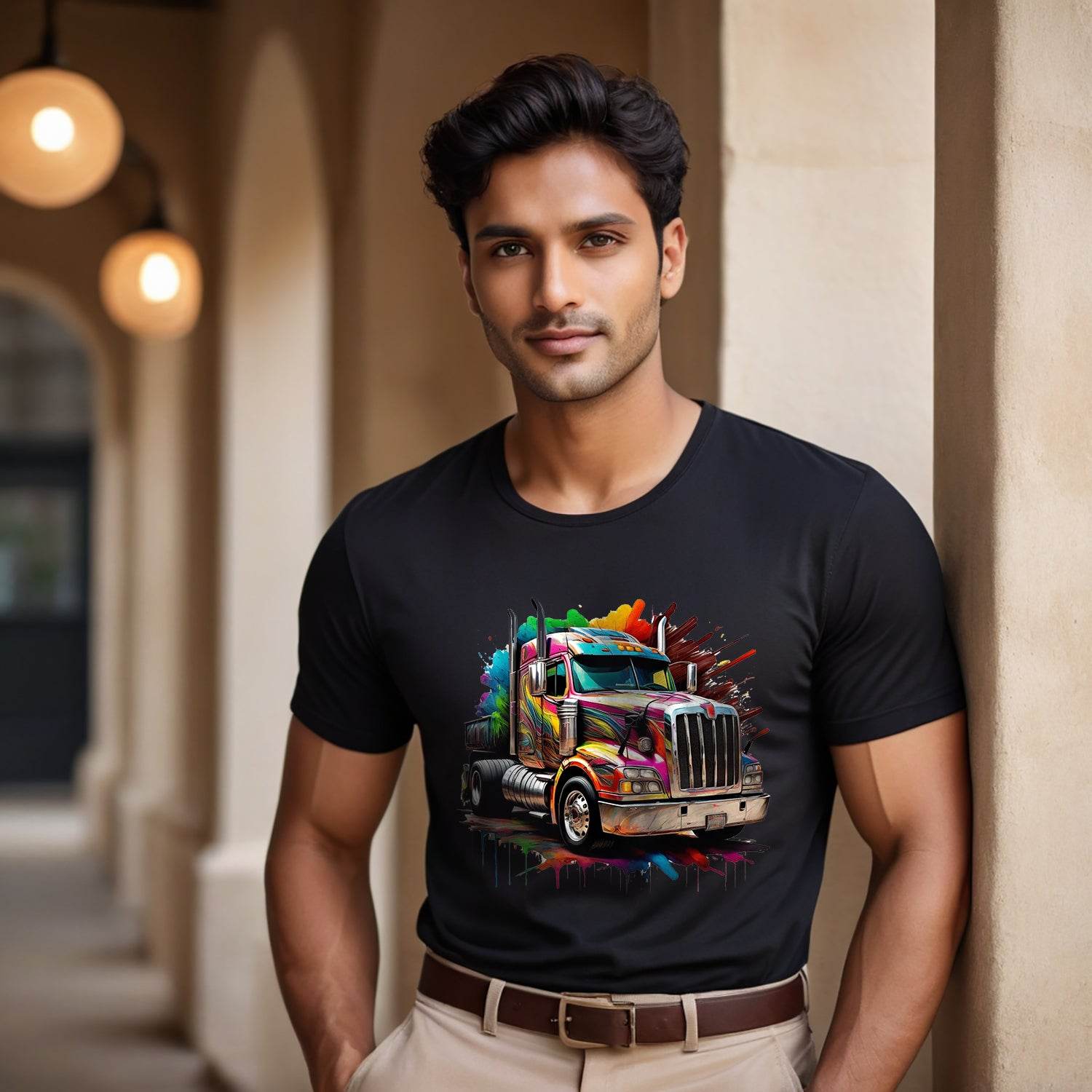 Semi Truck Paint Splatter Graphic - Unisex Round Neck Regular Fit 100% Combed Cotton Half Sleeve T-Shirt - Mojilo Mart