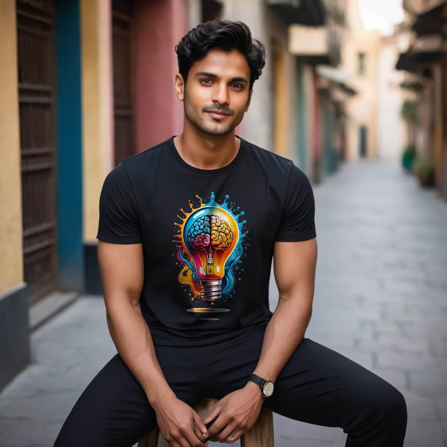 Spark Your Genius Colorful Brain Light Bulb - Unisex Round Neck Regular Fit 100% Combed Cotton Half Sleeve T-Shirt - Mojilo Mart