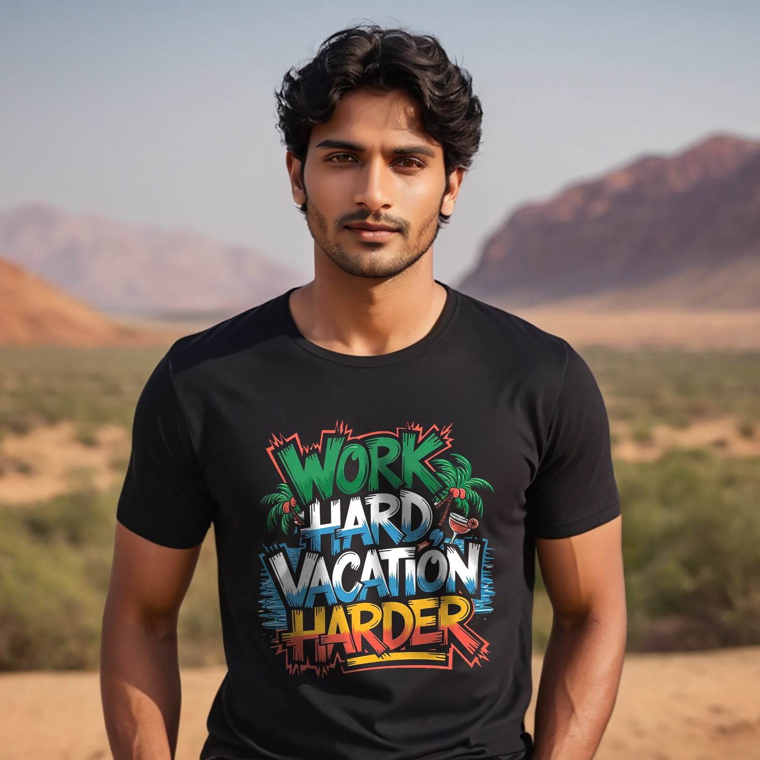 Work Hard Vacation Harder - Unisex Round Neck Regular Fit 100% Combed Cotton Half Sleeve T-Shirt - Mojilo Mart