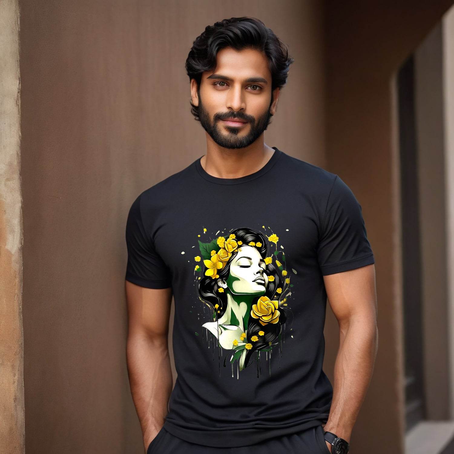 Woman with flowers art - Unisex Round Neck Regular Fit 100% Combed Cotton Half Sleeve T-Shirt - Mojilo Mart