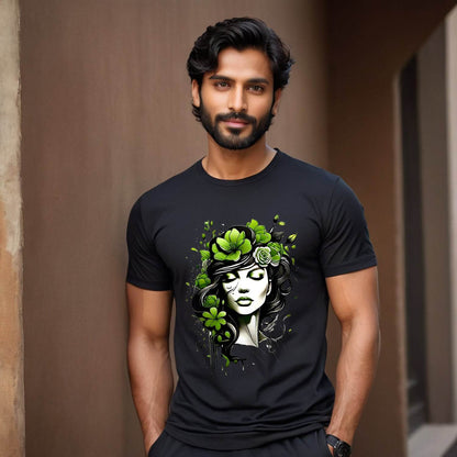Woman with flowers art in green - Unisex Round Neck Regular Fit 100% Combed Cotton Half Sleeve T-Shirt - Mojilo Mart