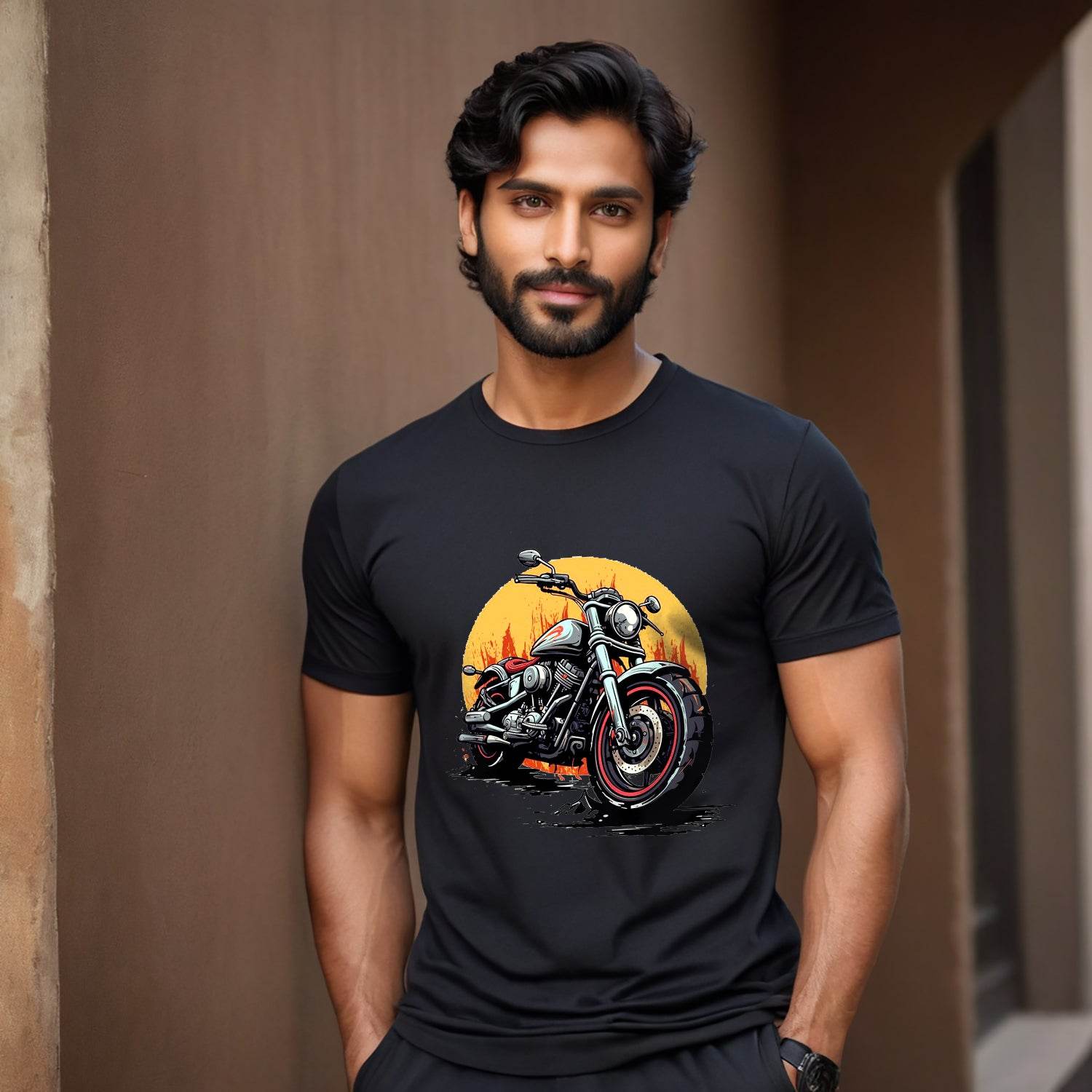 Motorcycle with a sunset - Unisex Round Neck Regular Fit 100% Combed Cotton Half Sleeve T-Shirt - Mojilo Mart