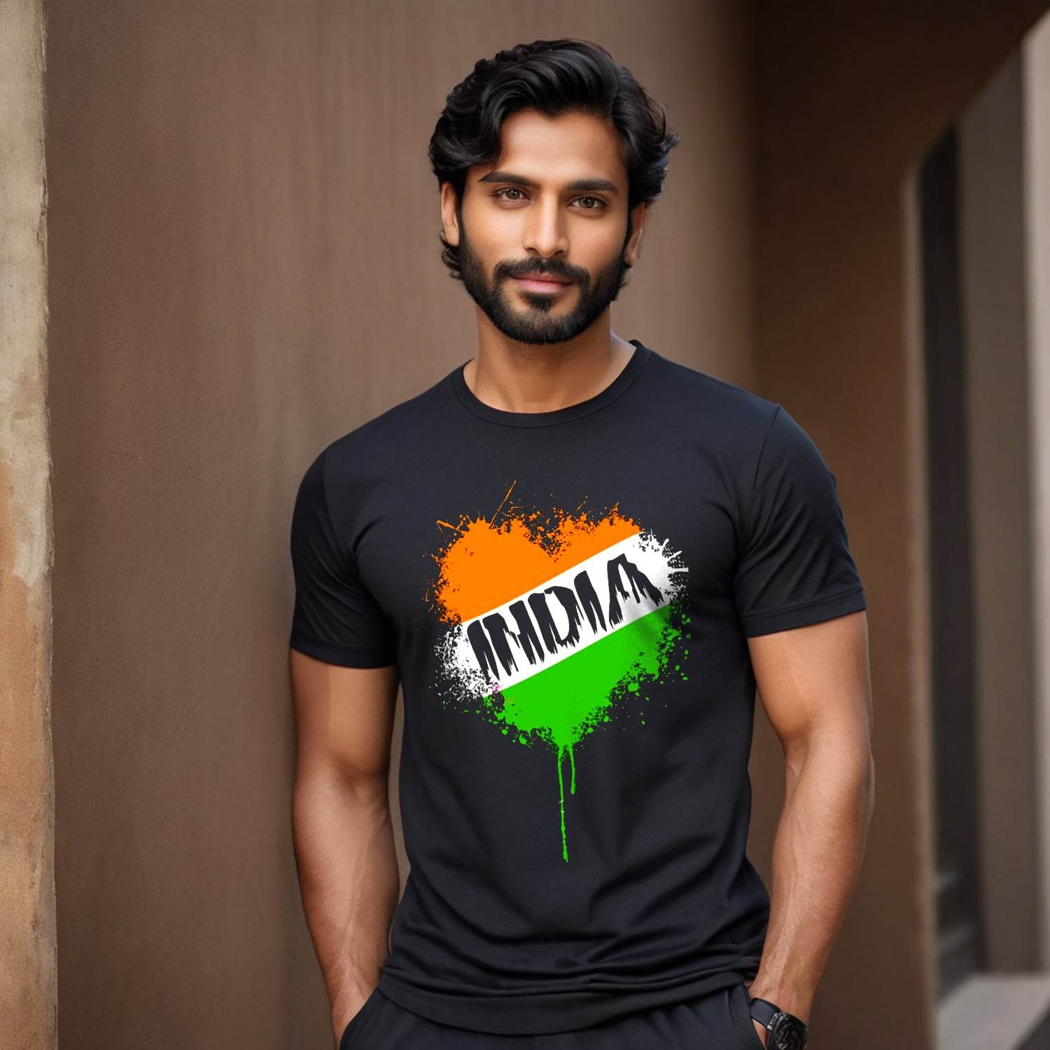 Love India In Heart With Flag Colour - Unisex Round Neck Regular Fit 100% Combed Cotton Half Sleeve T-Shirt - Mojilo Mart