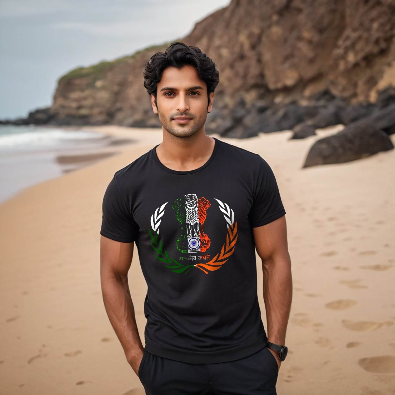 Indian Flag and Coat of Arms Emblem Satyamev jayate - Unisex Round Neck Regular Fit 100% Combed Cotton Half Sleeve T-Shirt - Mojilo Mart