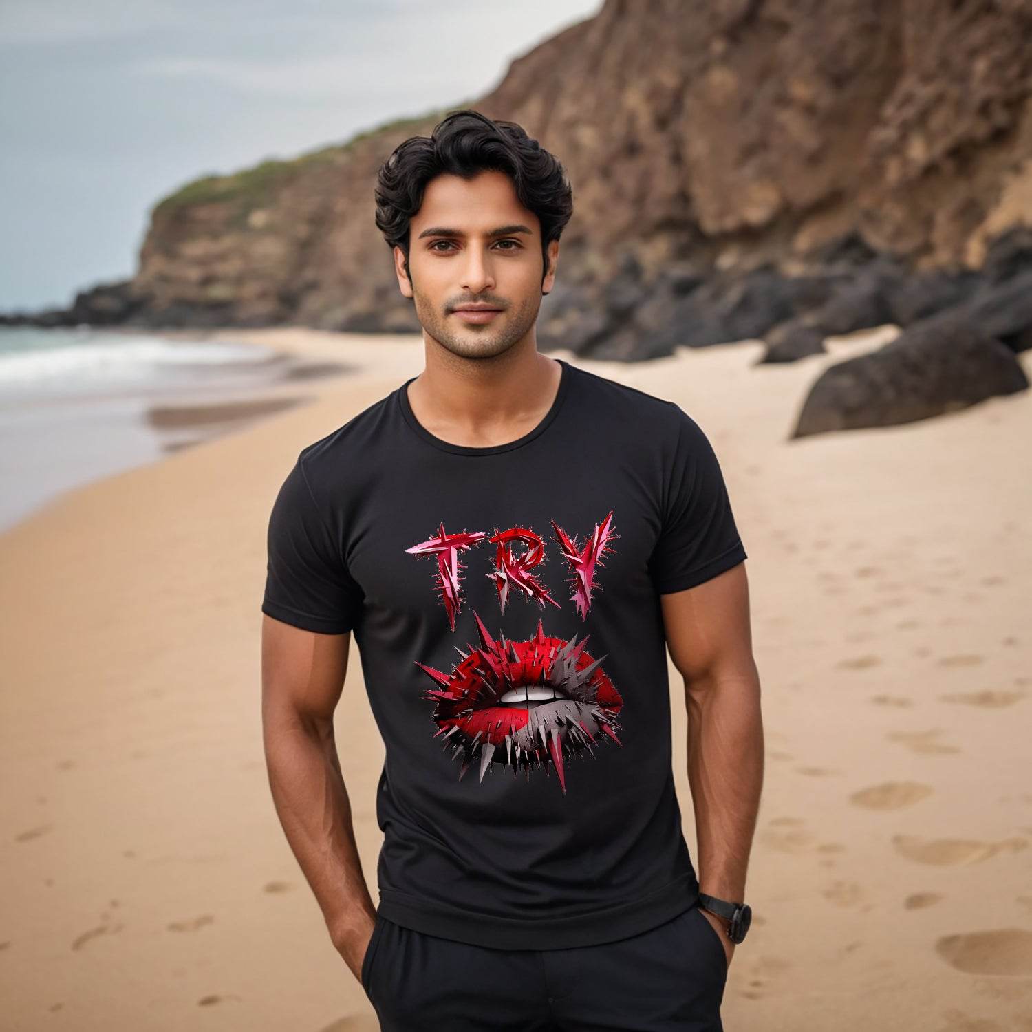 TRY lips - Unisex Round Neck Regular Fit 100% Combed Cotton Half Sleeve T-Shirt - Mojilo Mart