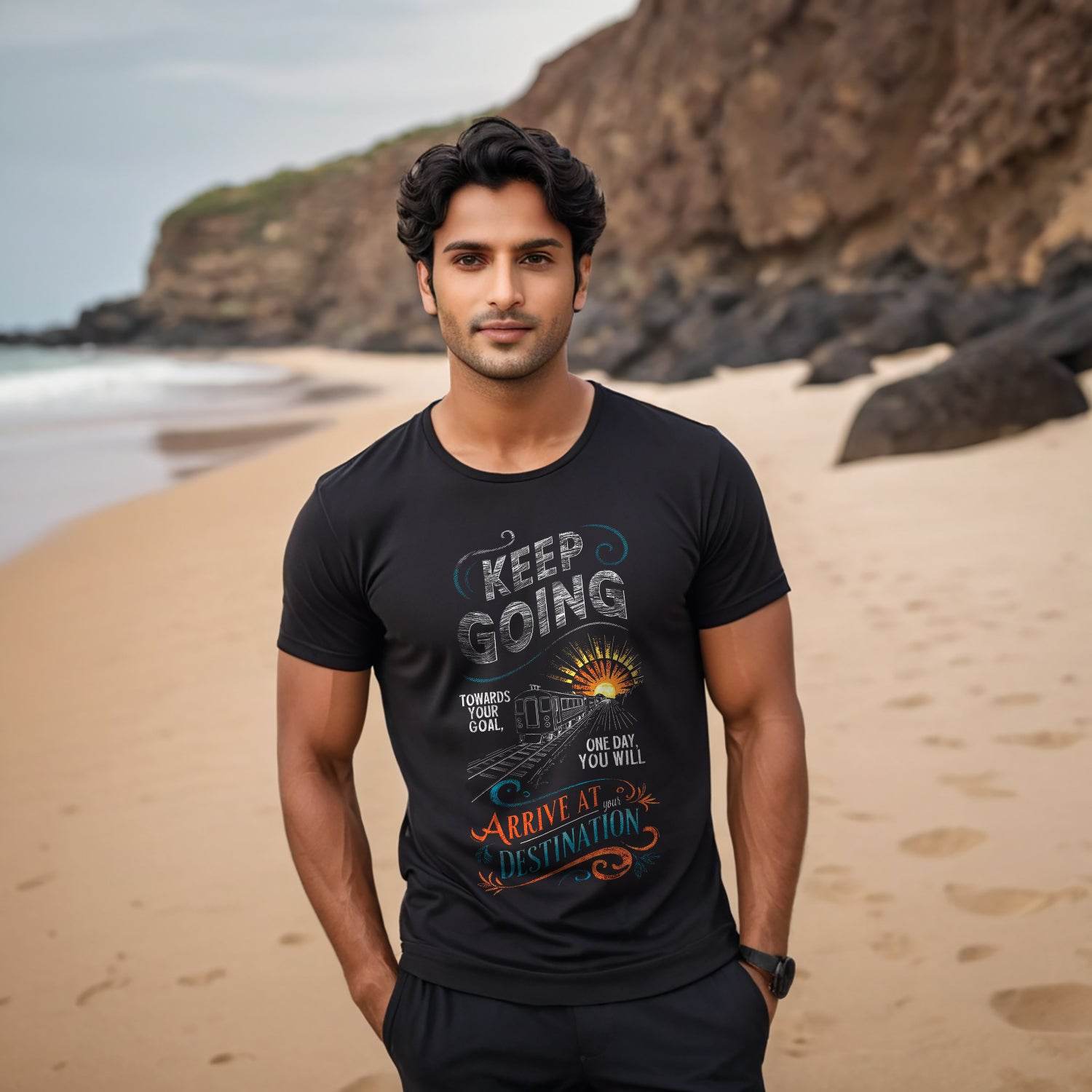 KEEP GOING TOWARDS YOUR Goal ONE DAY YOU WILL ARRIVE AT DESTINATION YOUR - Unisex Round Neck Regular Fit 100% Combed Cotton Half Sleeve T-Shirt - Mojilo Mart